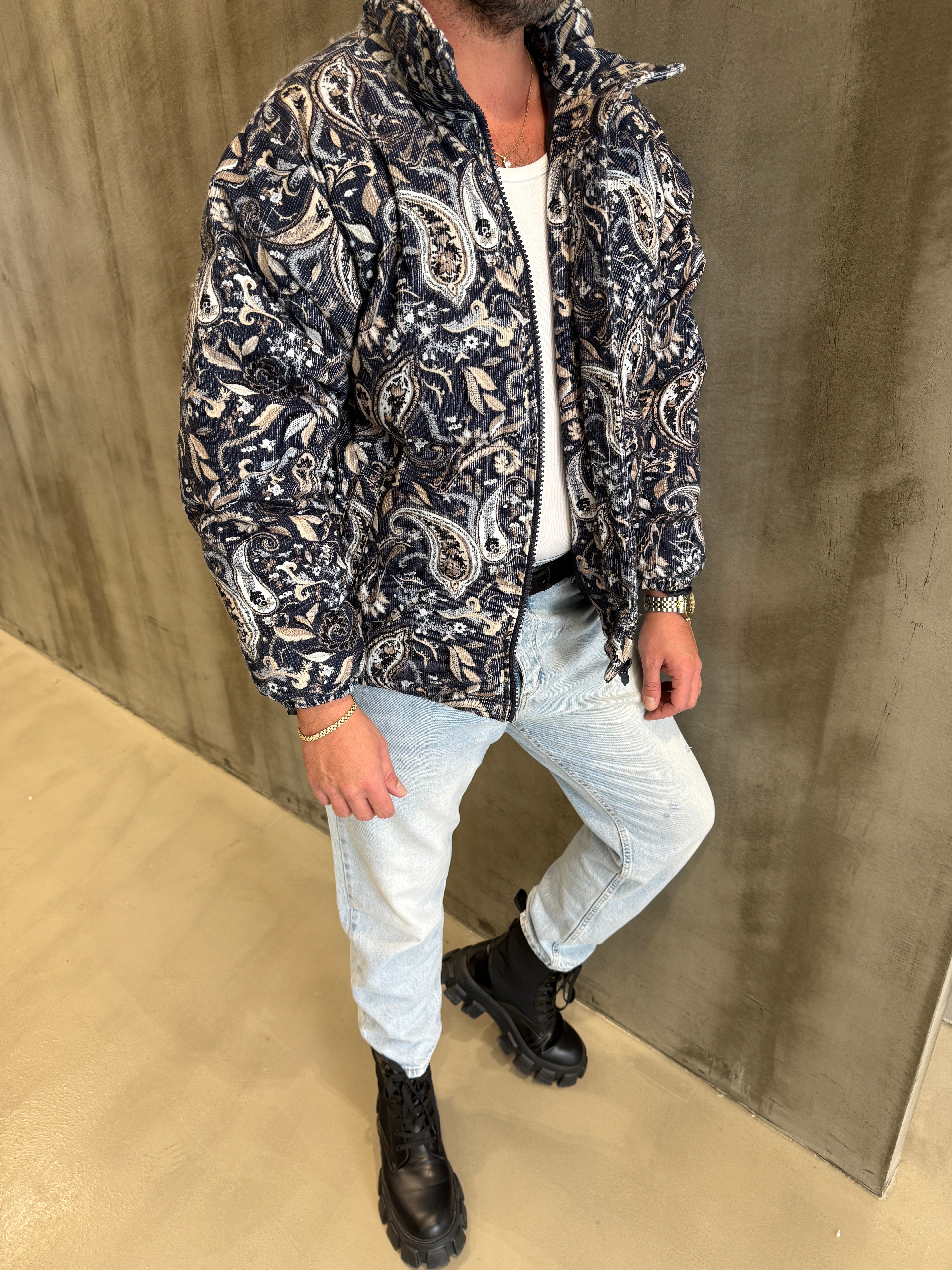 Mavi Etnik Desen Kadife Premium Mont