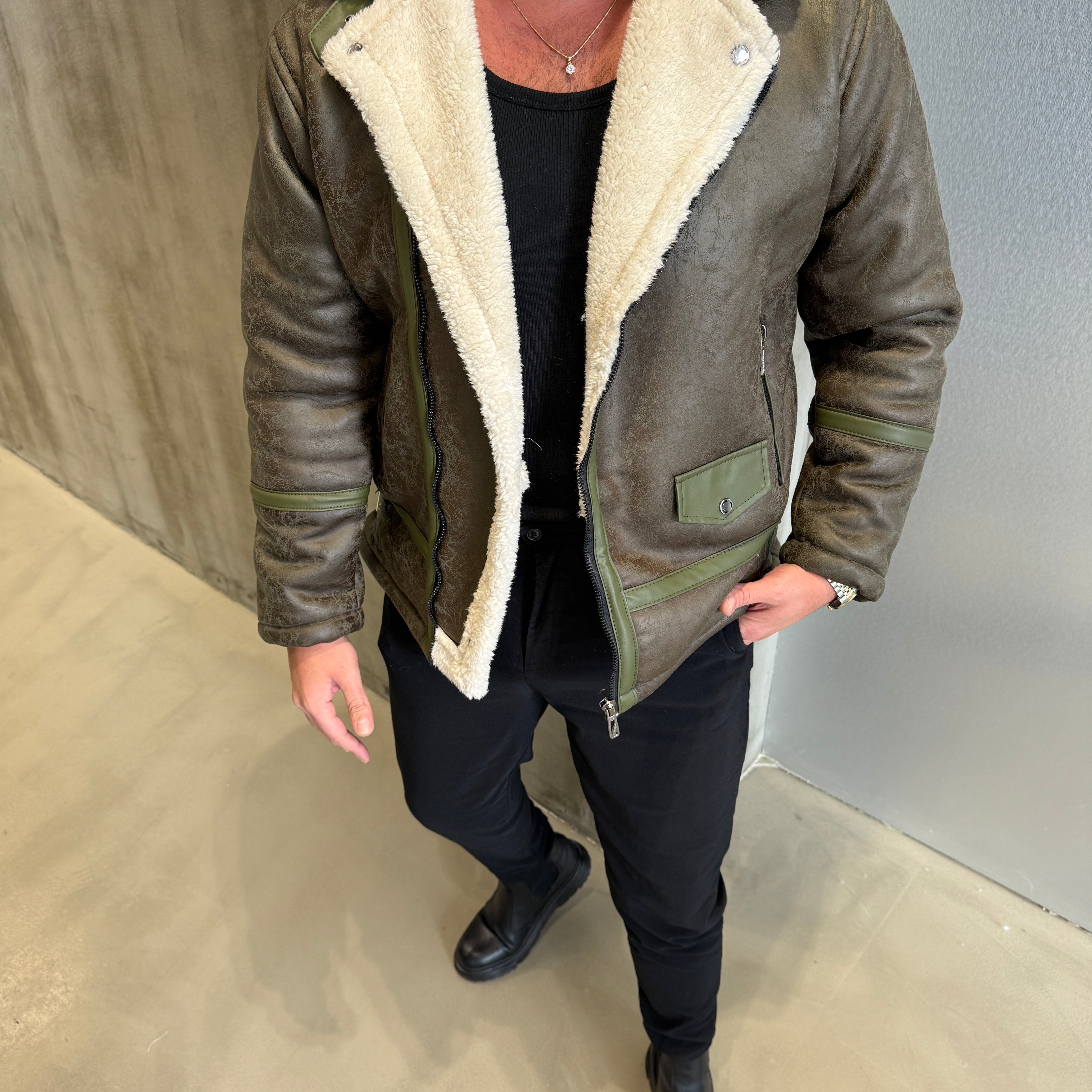 Haki Napa Kürklü Deri Mont