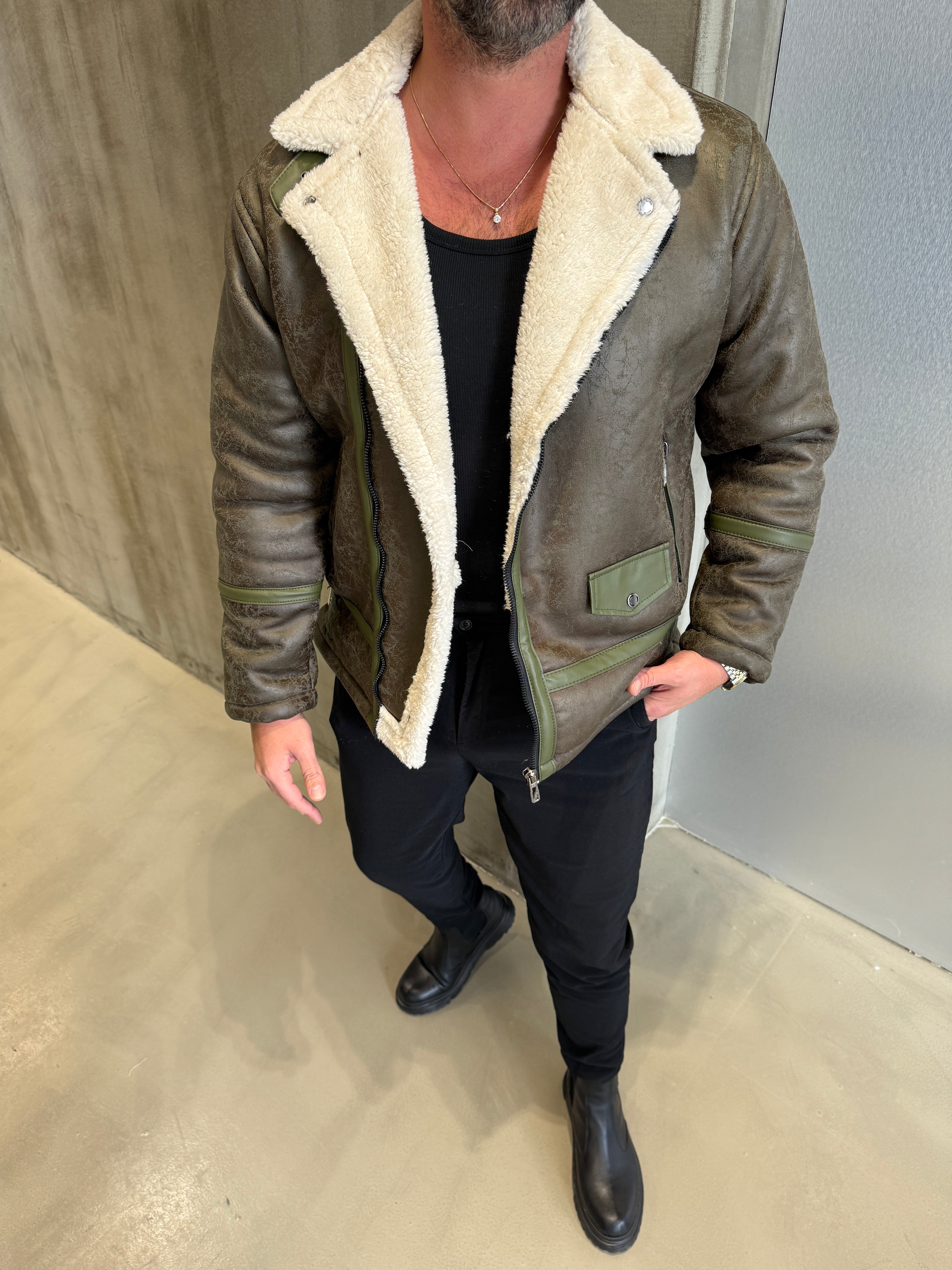 Haki Napa Kürklü Deri Mont