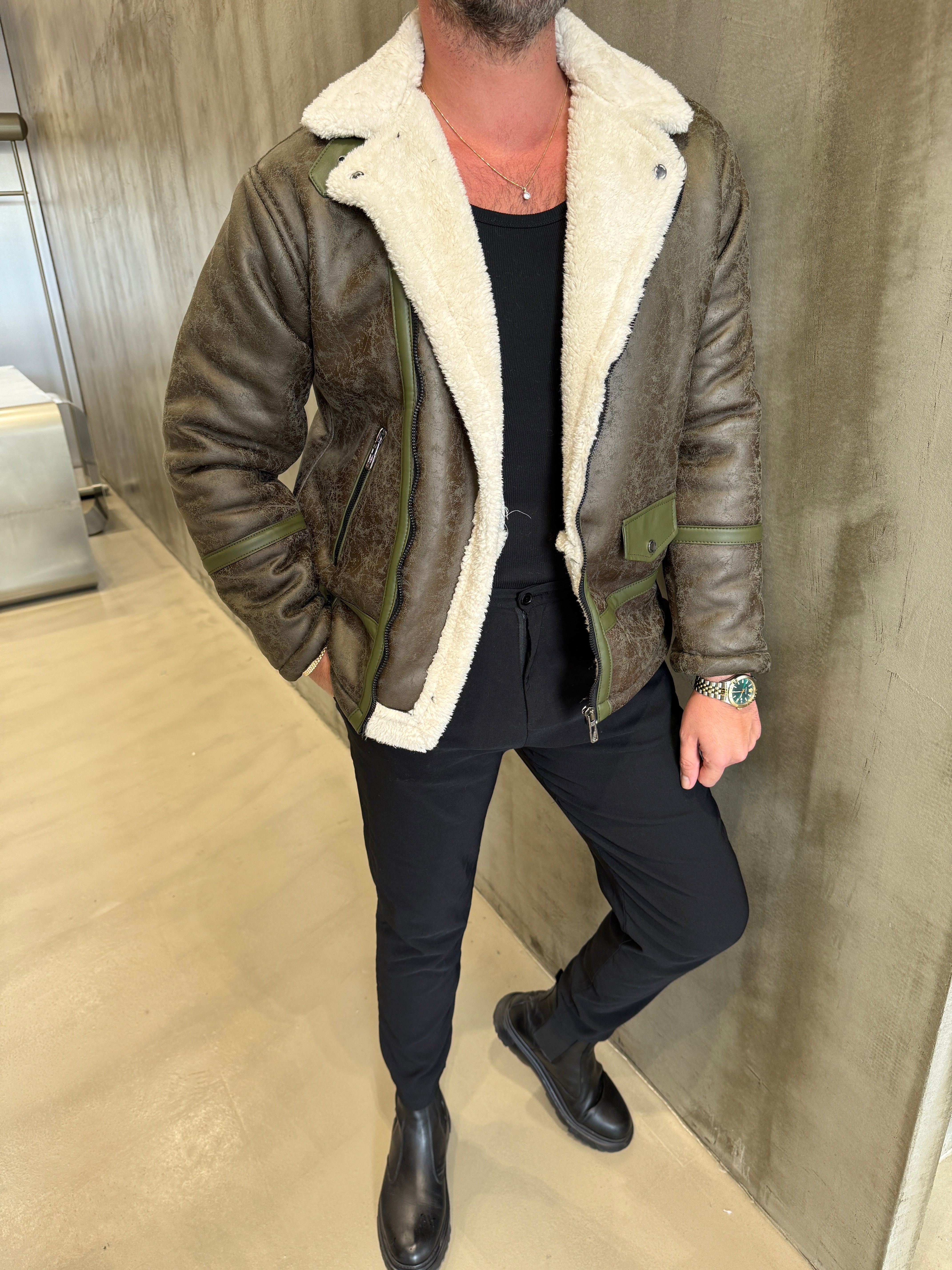 Haki Napa Kürklü Deri Mont