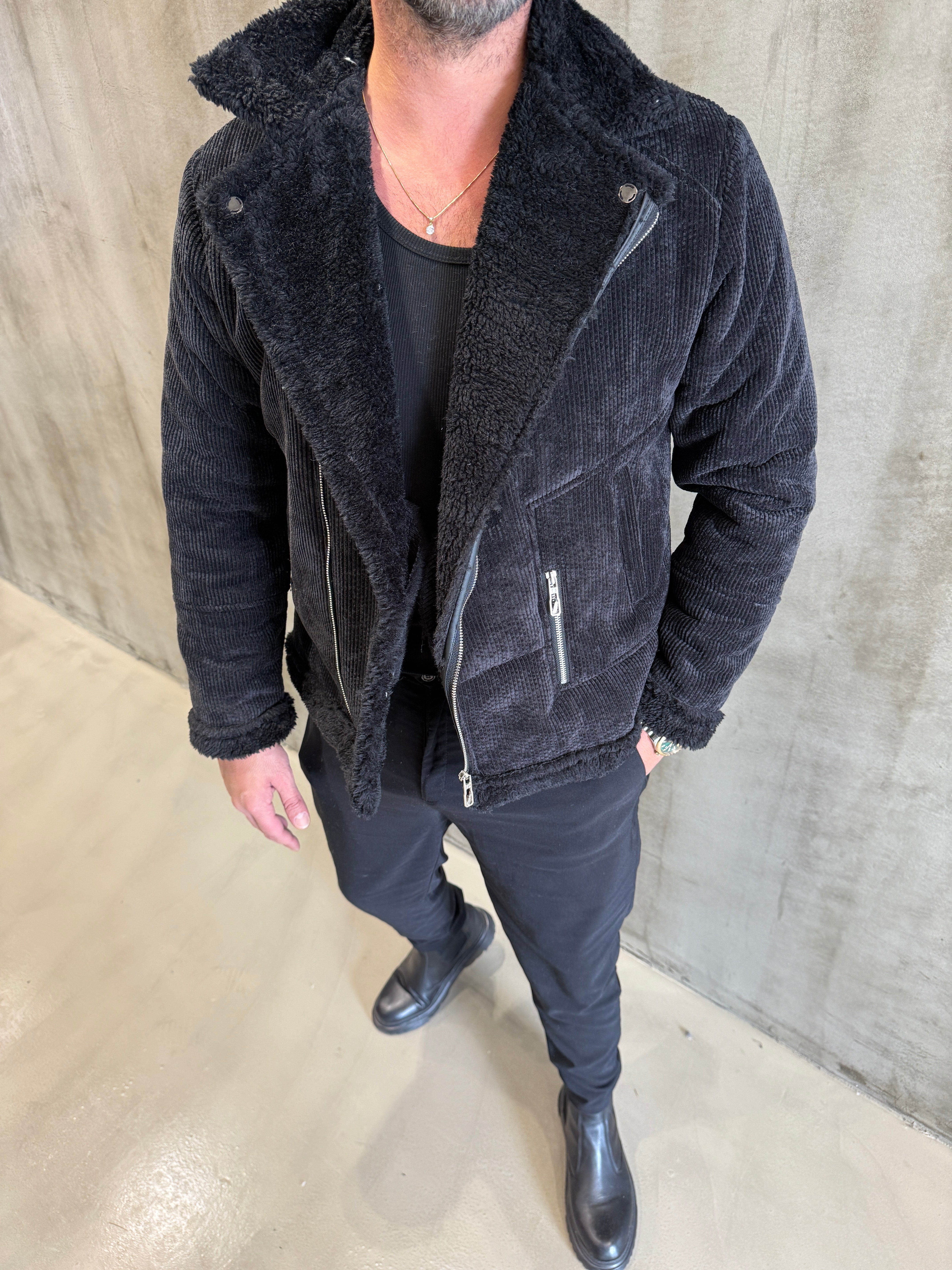 Siyah Napa Kürklü Kadife Mont