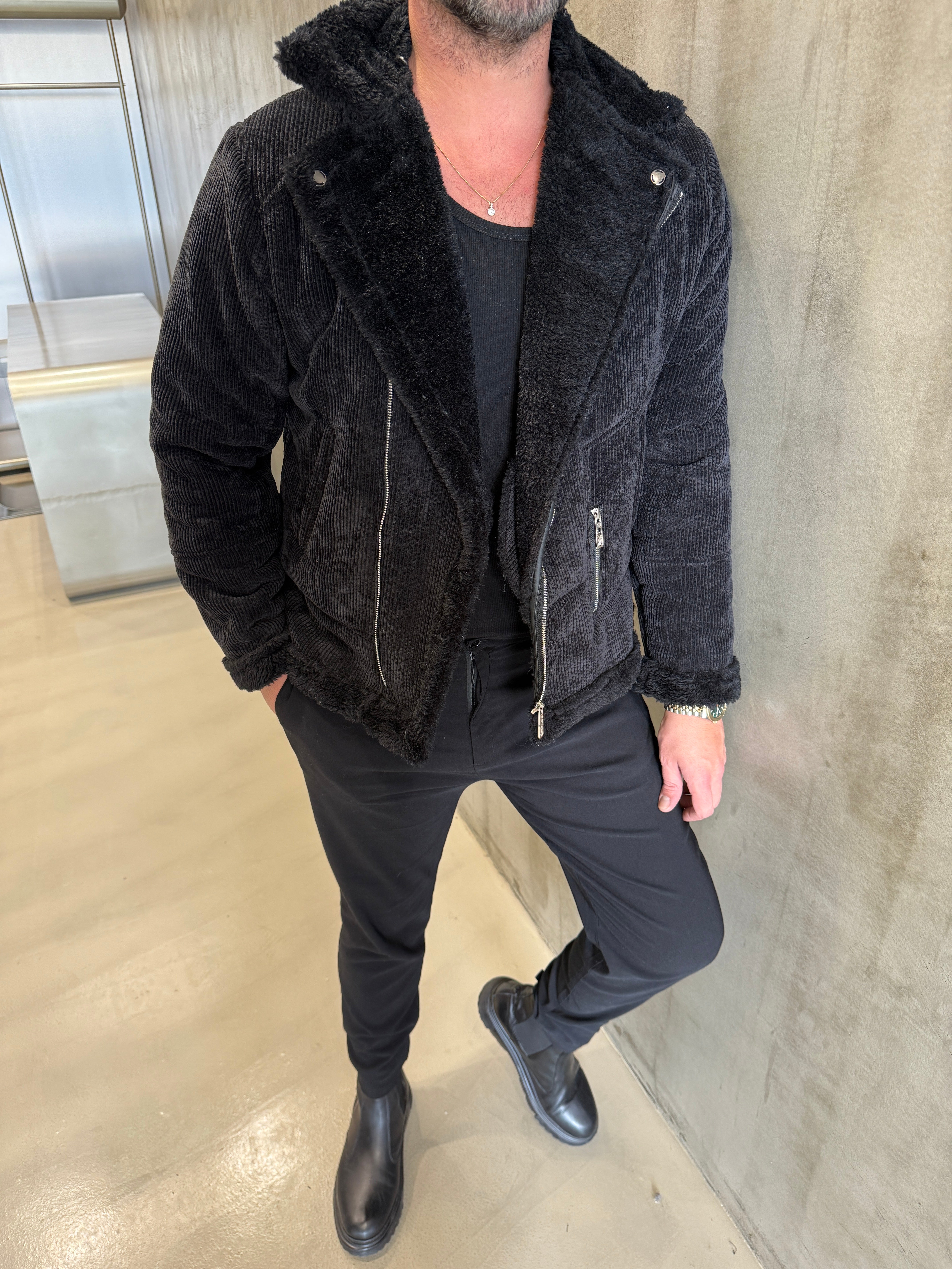 Siyah Napa Kürklü Kadife Mont