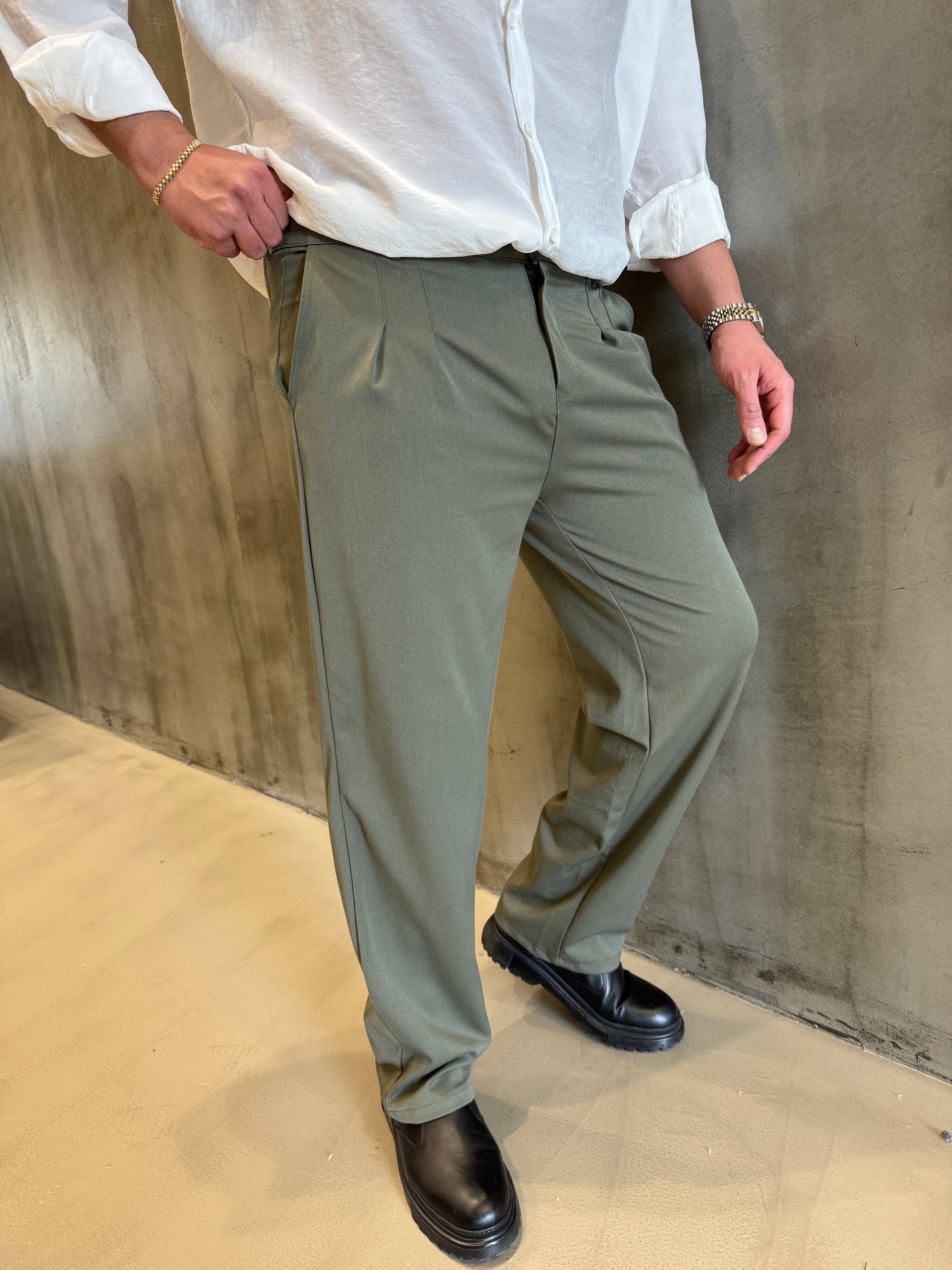 Haki Kalın Pileli Baggy Pantolon