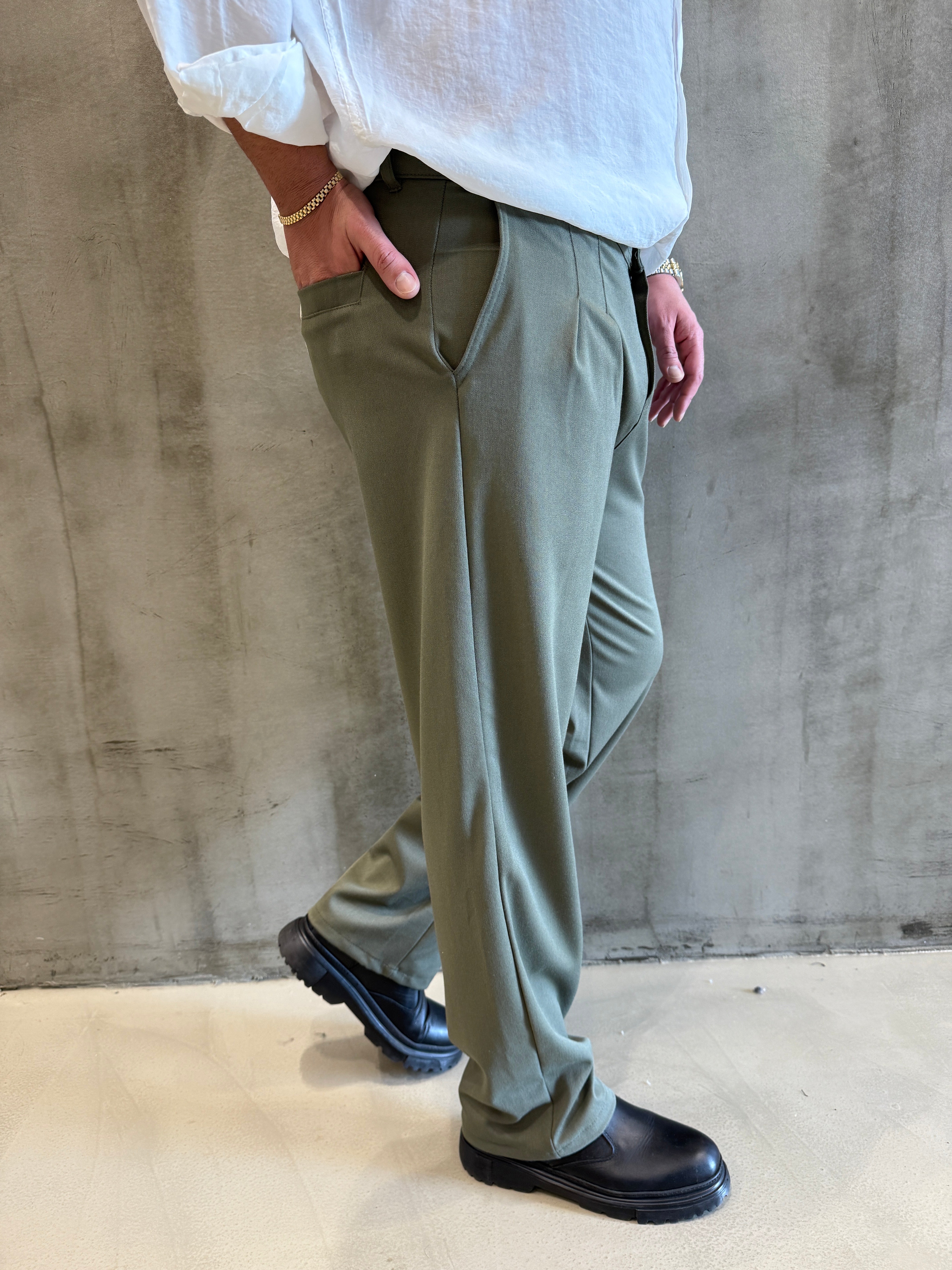 Haki Kalın Pileli Baggy Pantolon