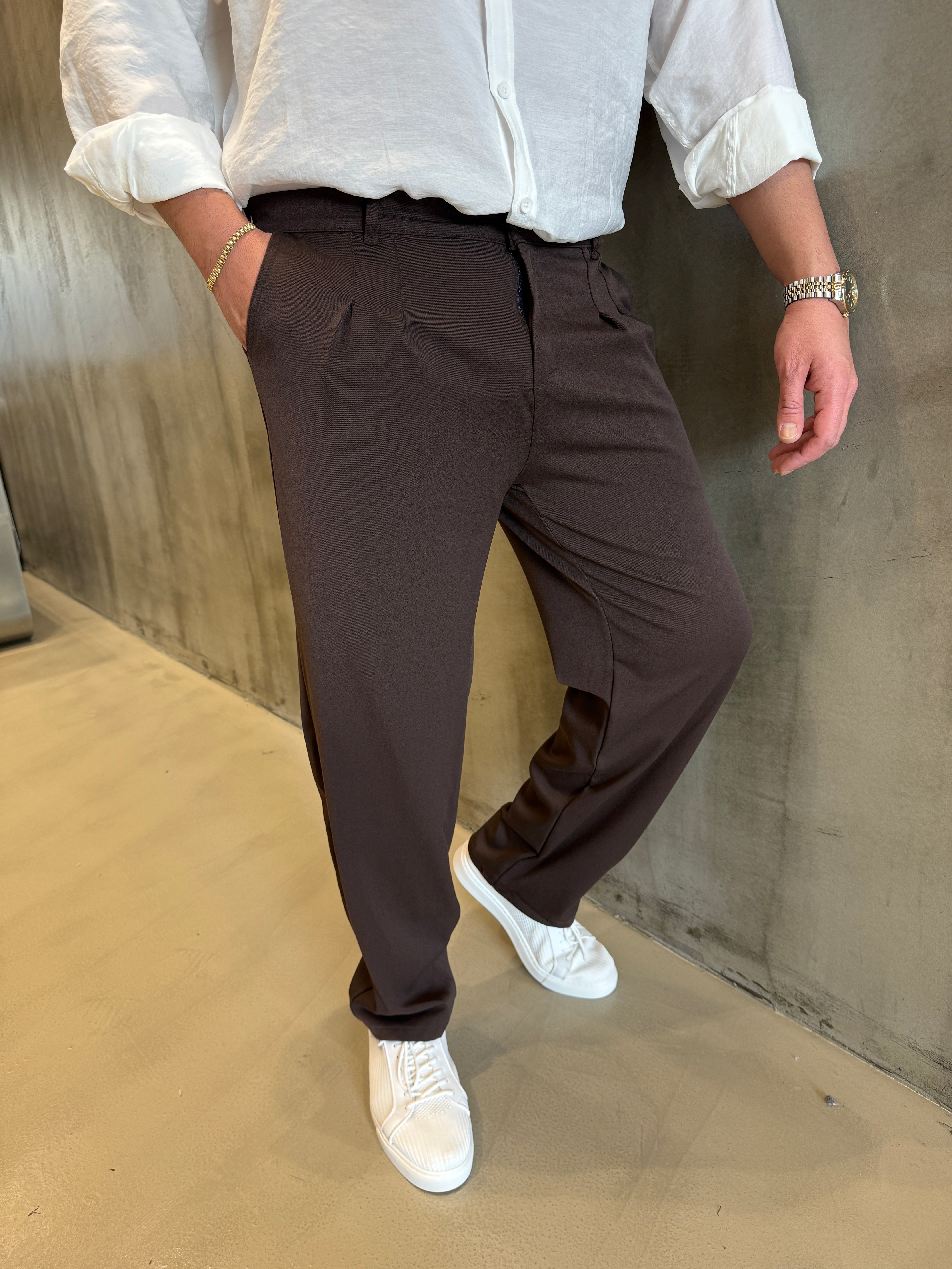 Kahve Kalın Pileli Baggy Pantolon