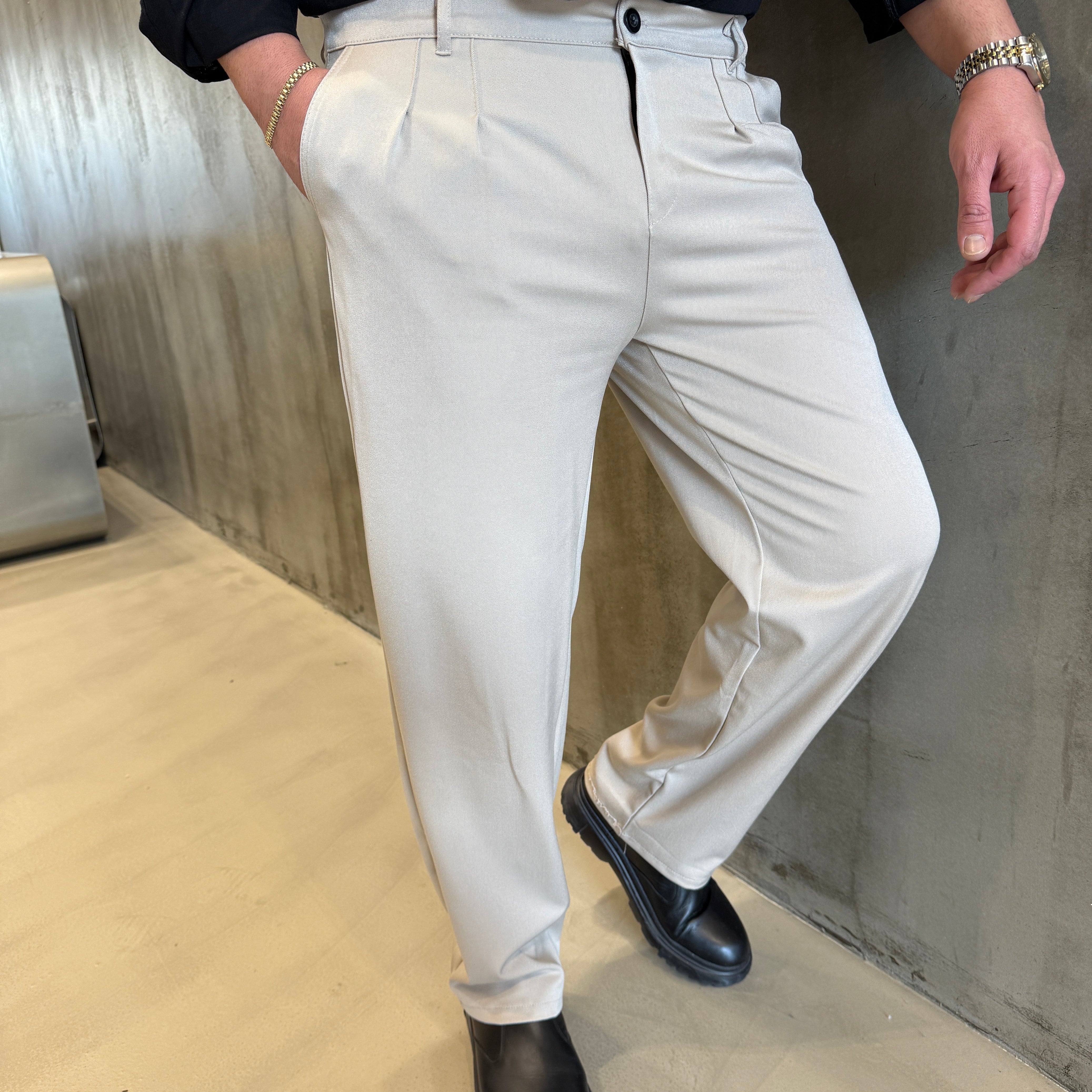 Gri Kalın Pileli Baggy Pantolon