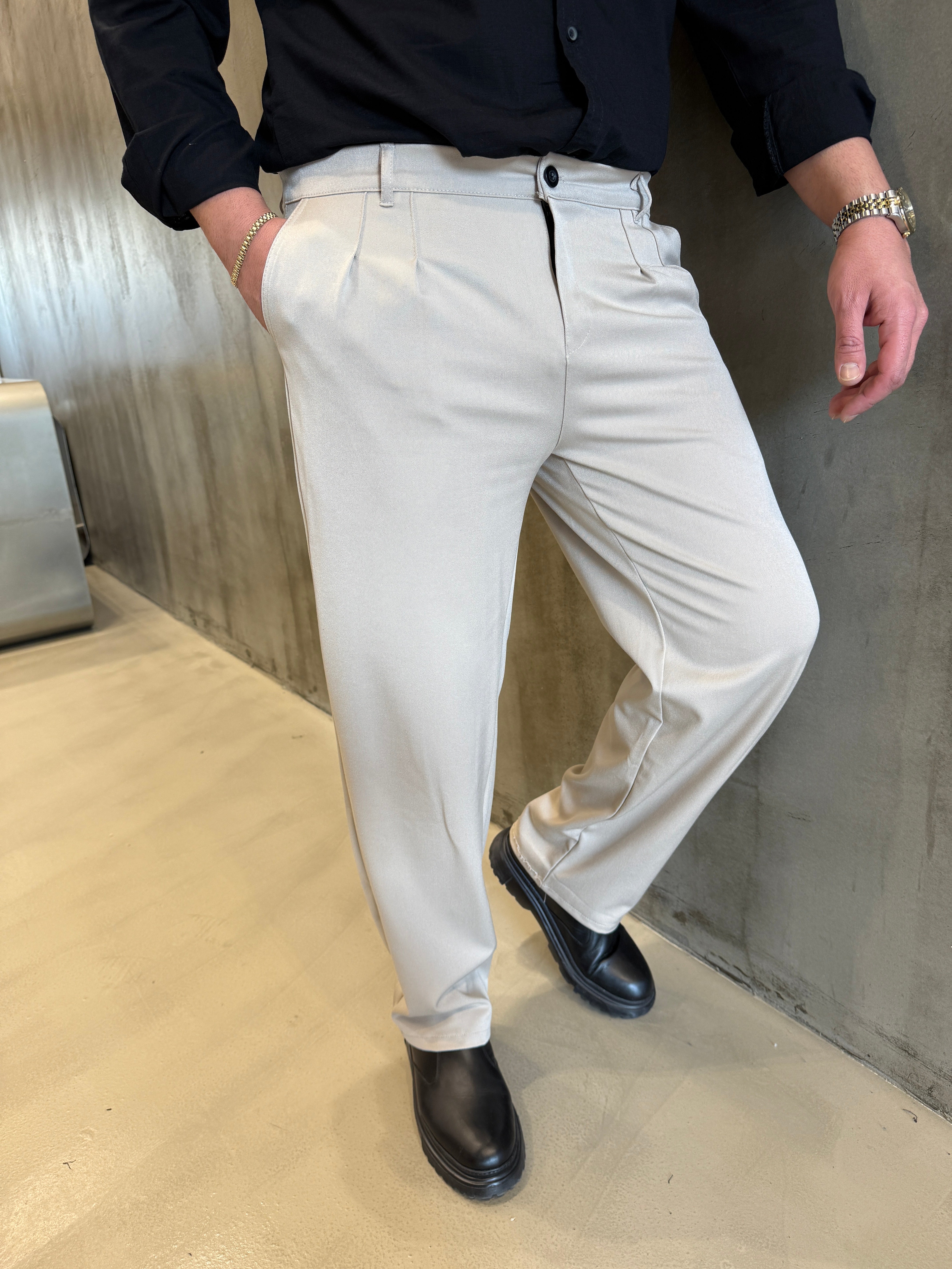 Gri Kalın Pileli Baggy Pantolon