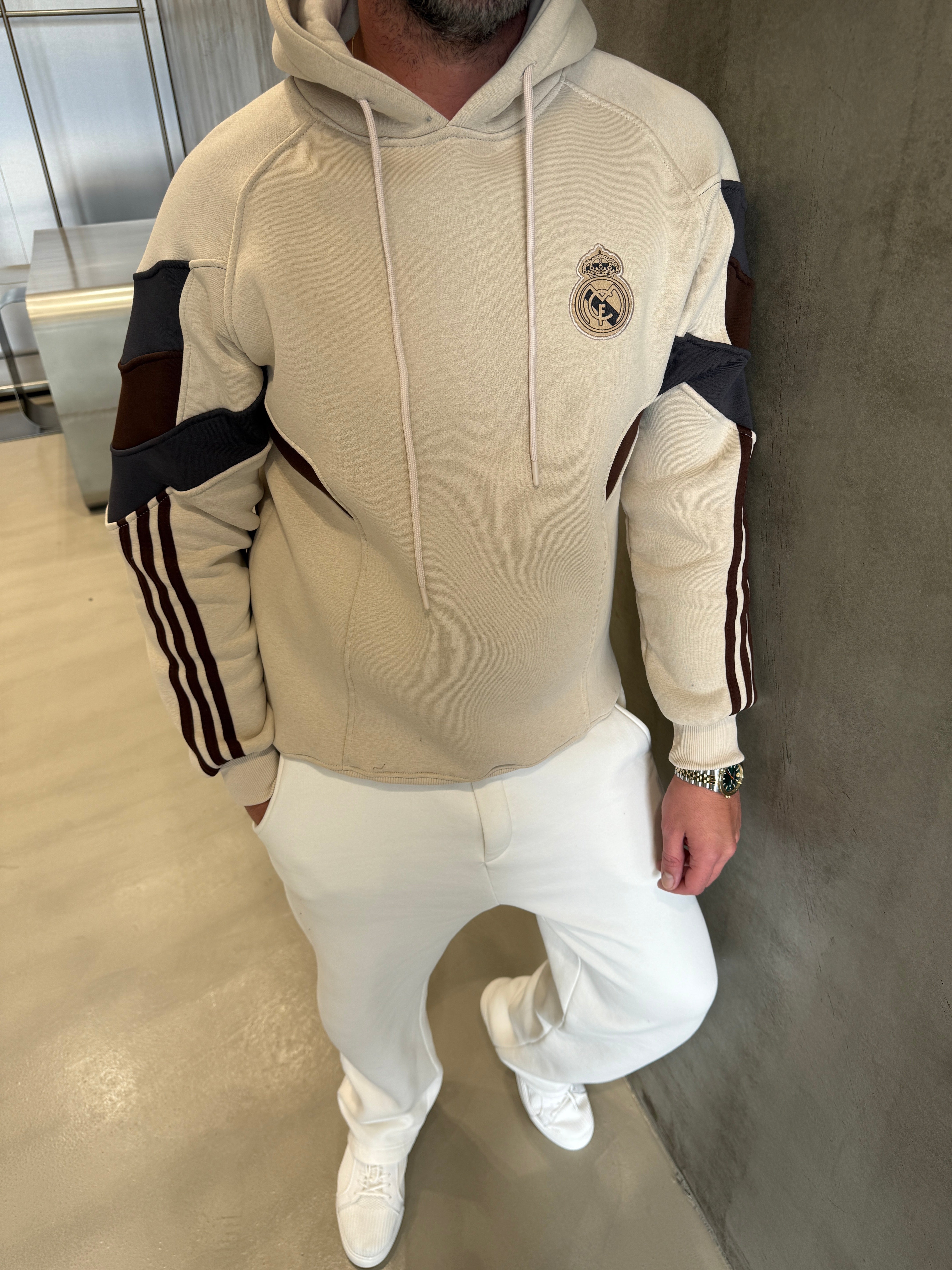 Krem 3 İplik Kapüşonlu Sweat
