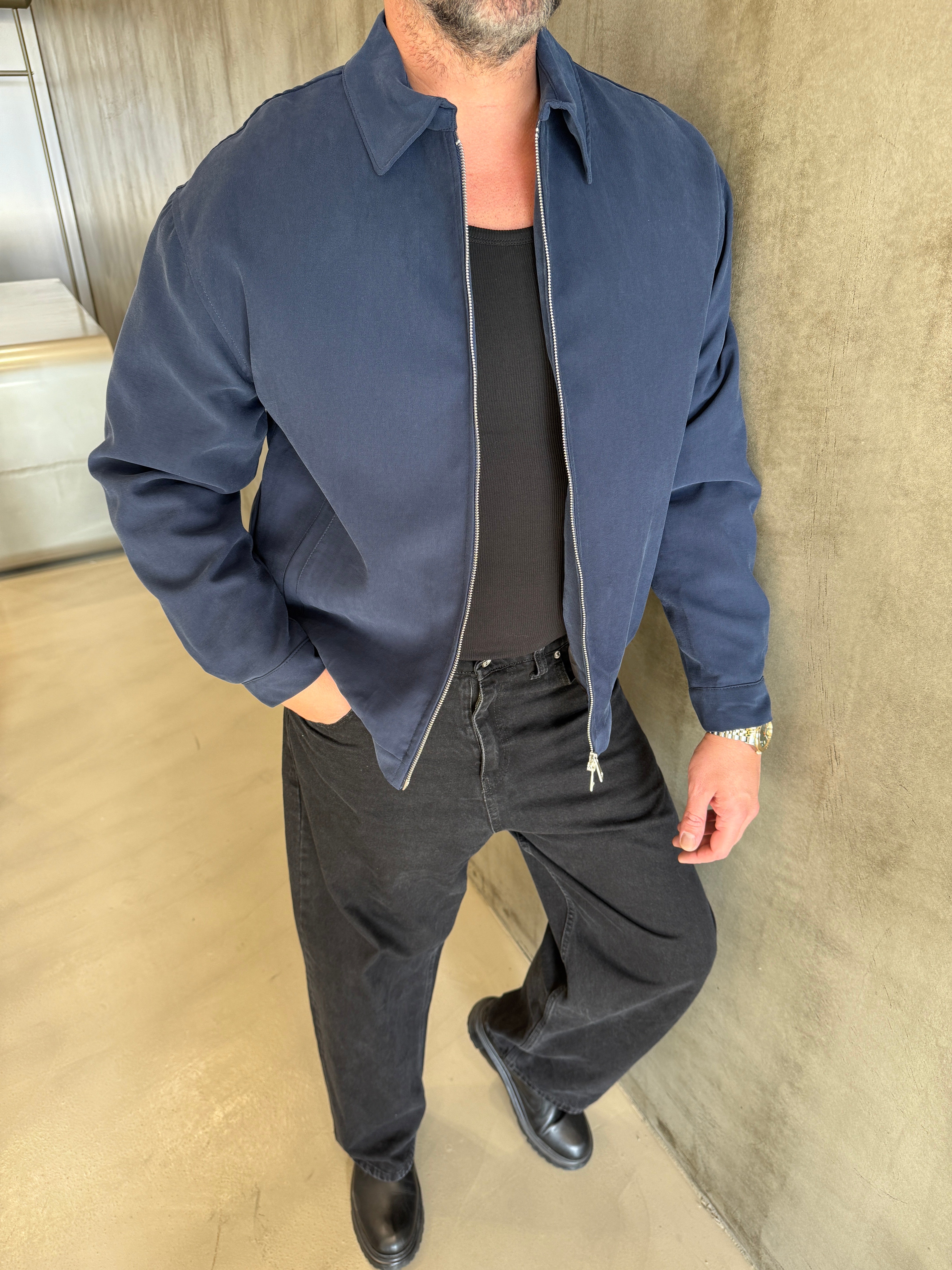 Lacivert Gramajlı Modal Kumaş Mont