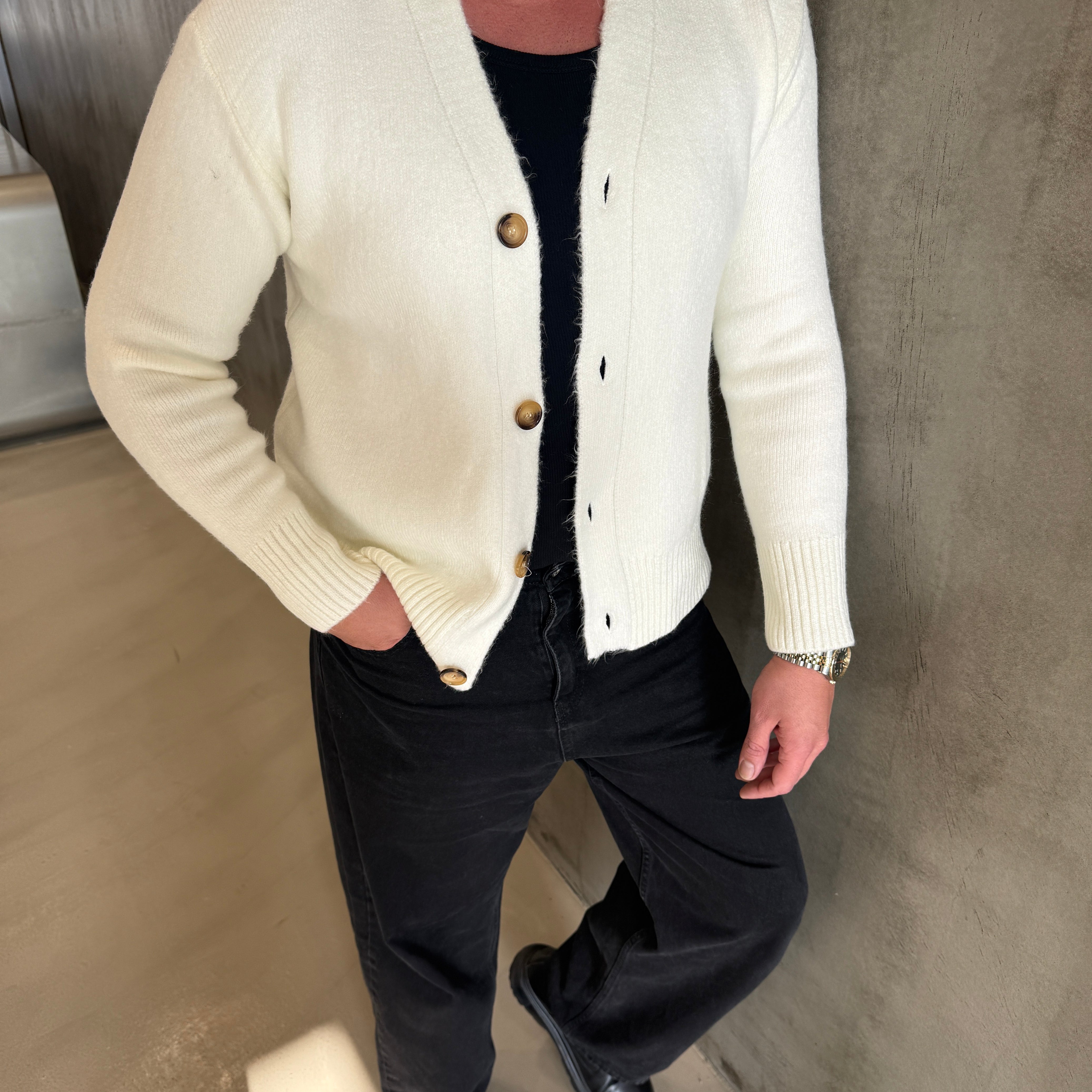 Ekru Sakallı Kumaş Hırka