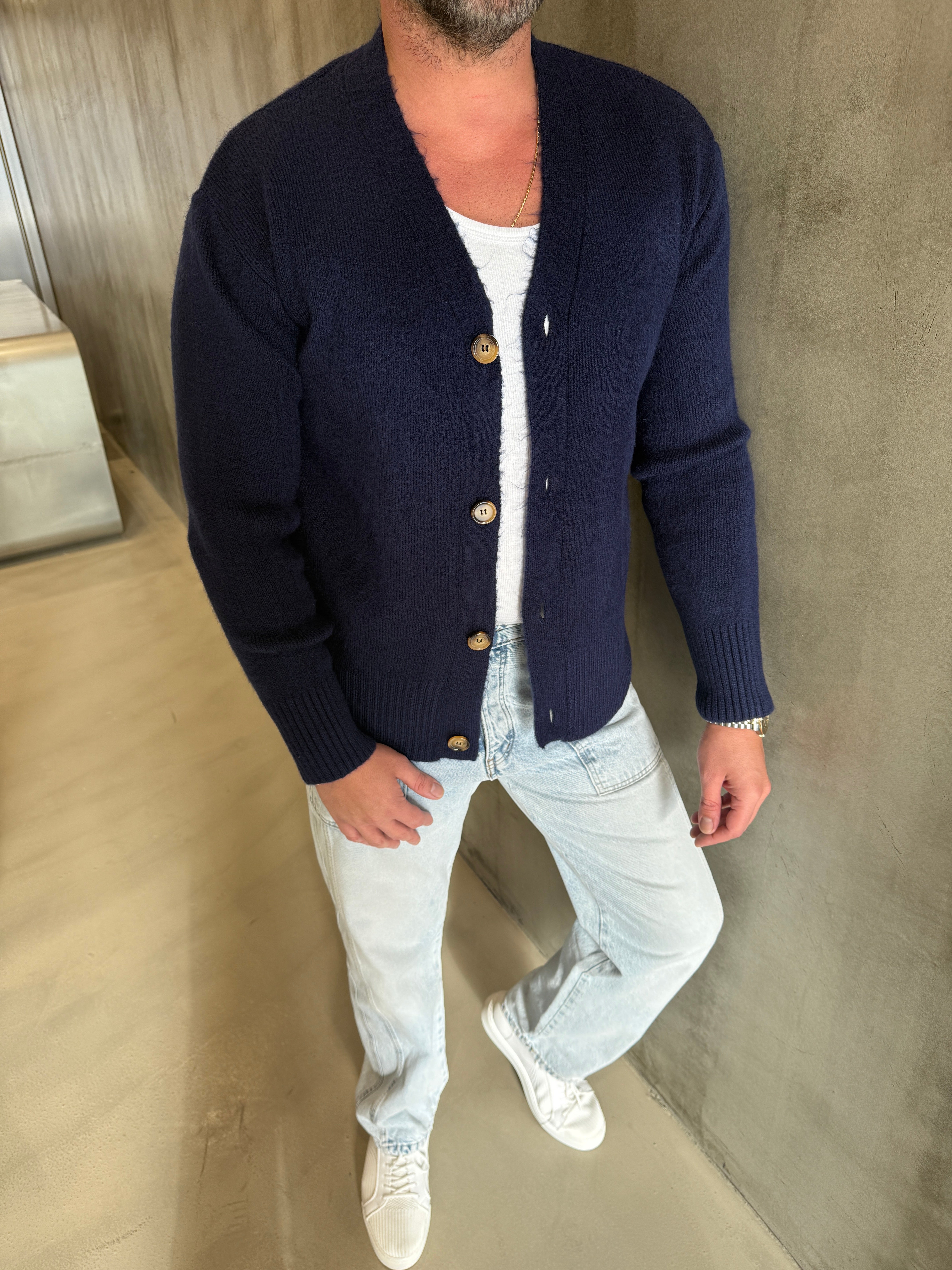 Lacivert Sakallı Kumaş Hırka