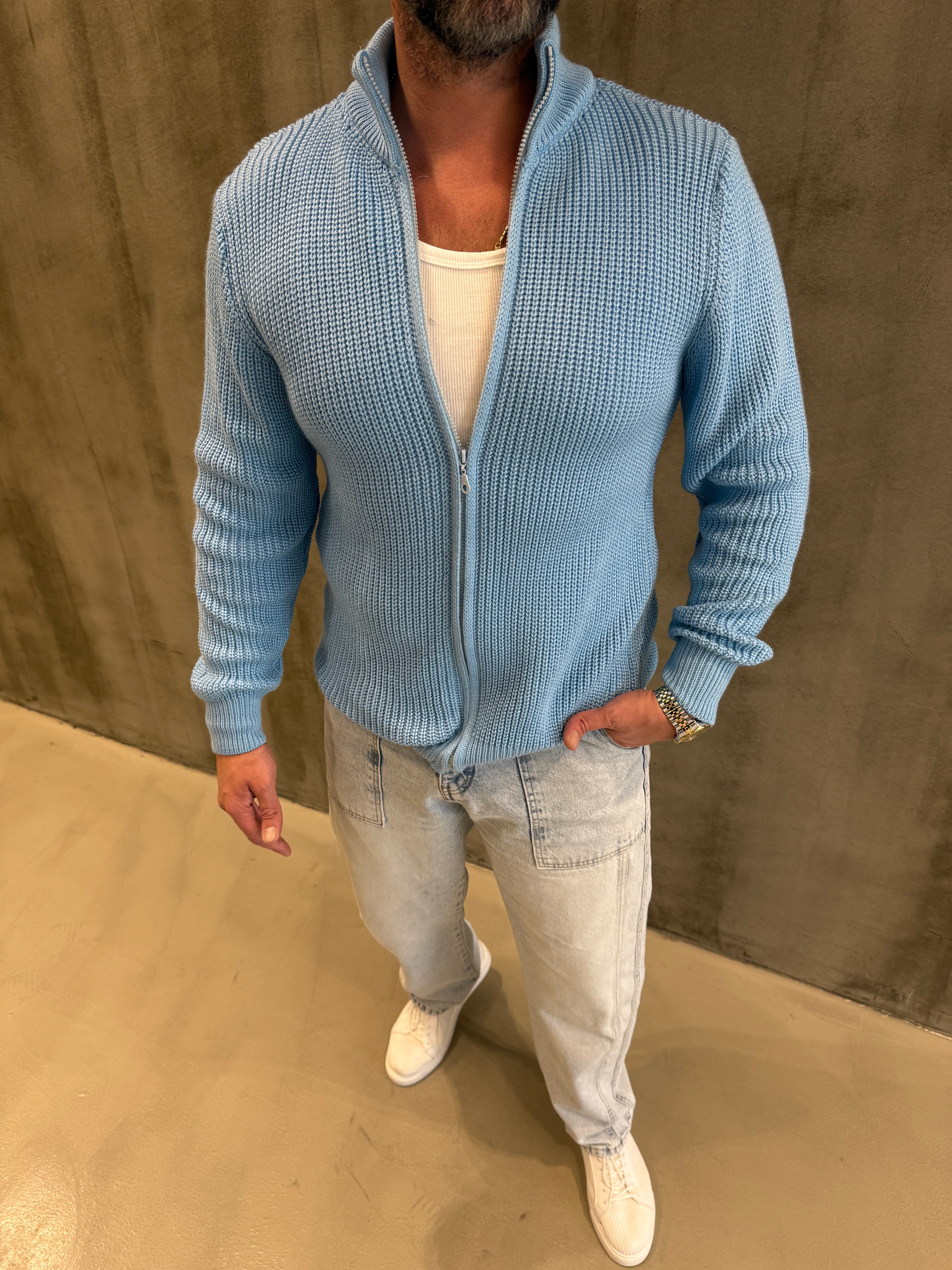 Mavi Fermuarlı Triko Hırka