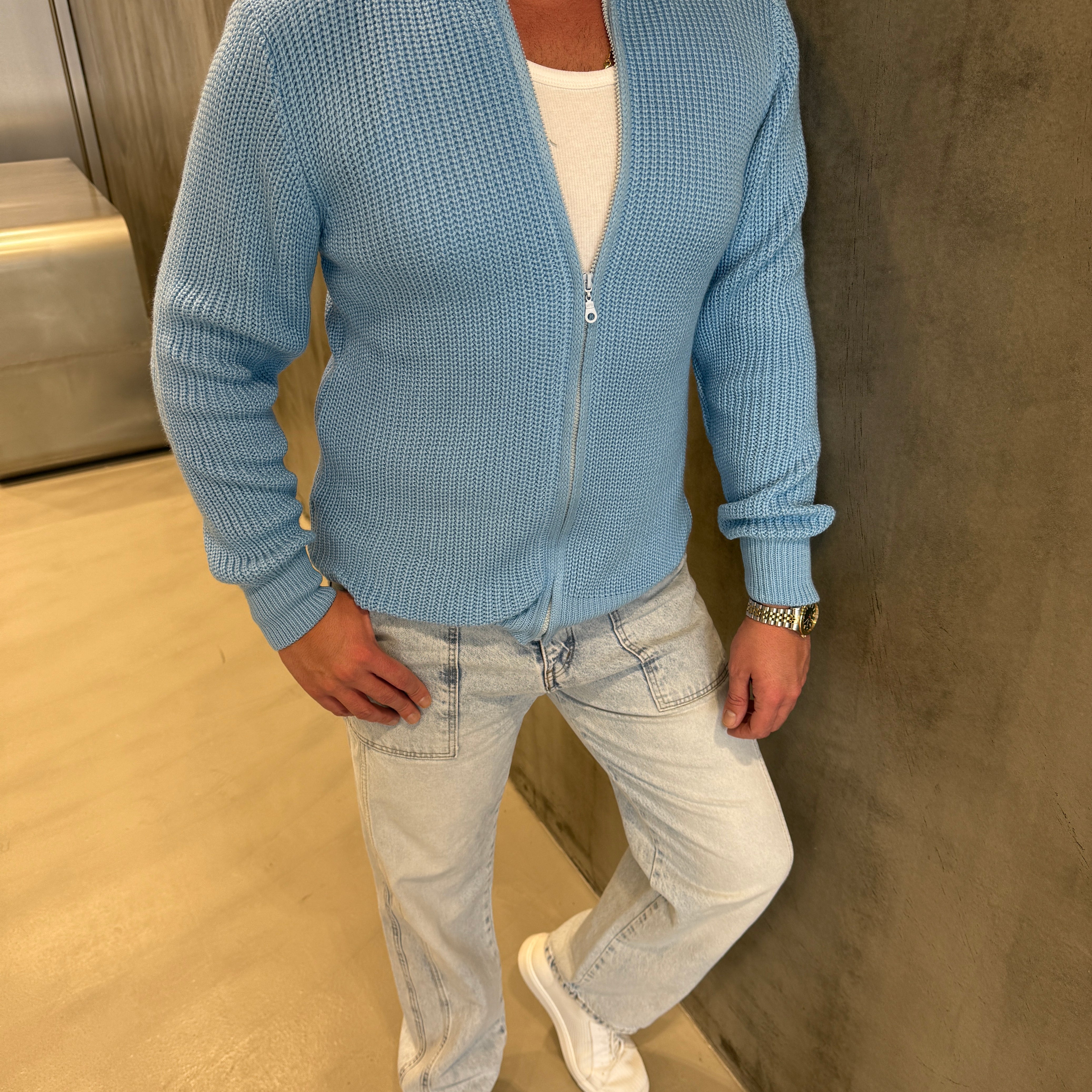 Bej Fermuarlı Triko Hırka