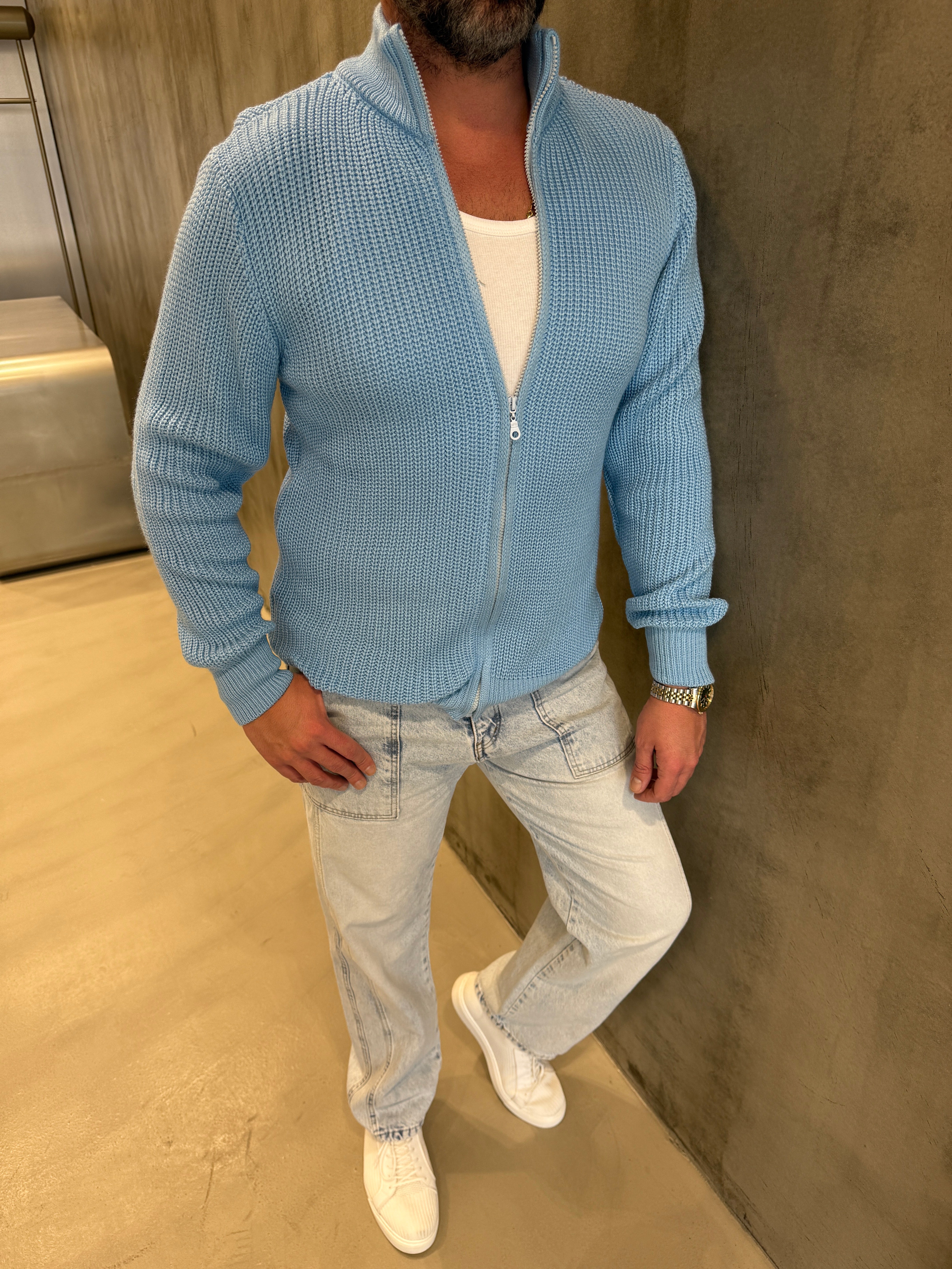 Mavi Fermuarlı Triko Hırka