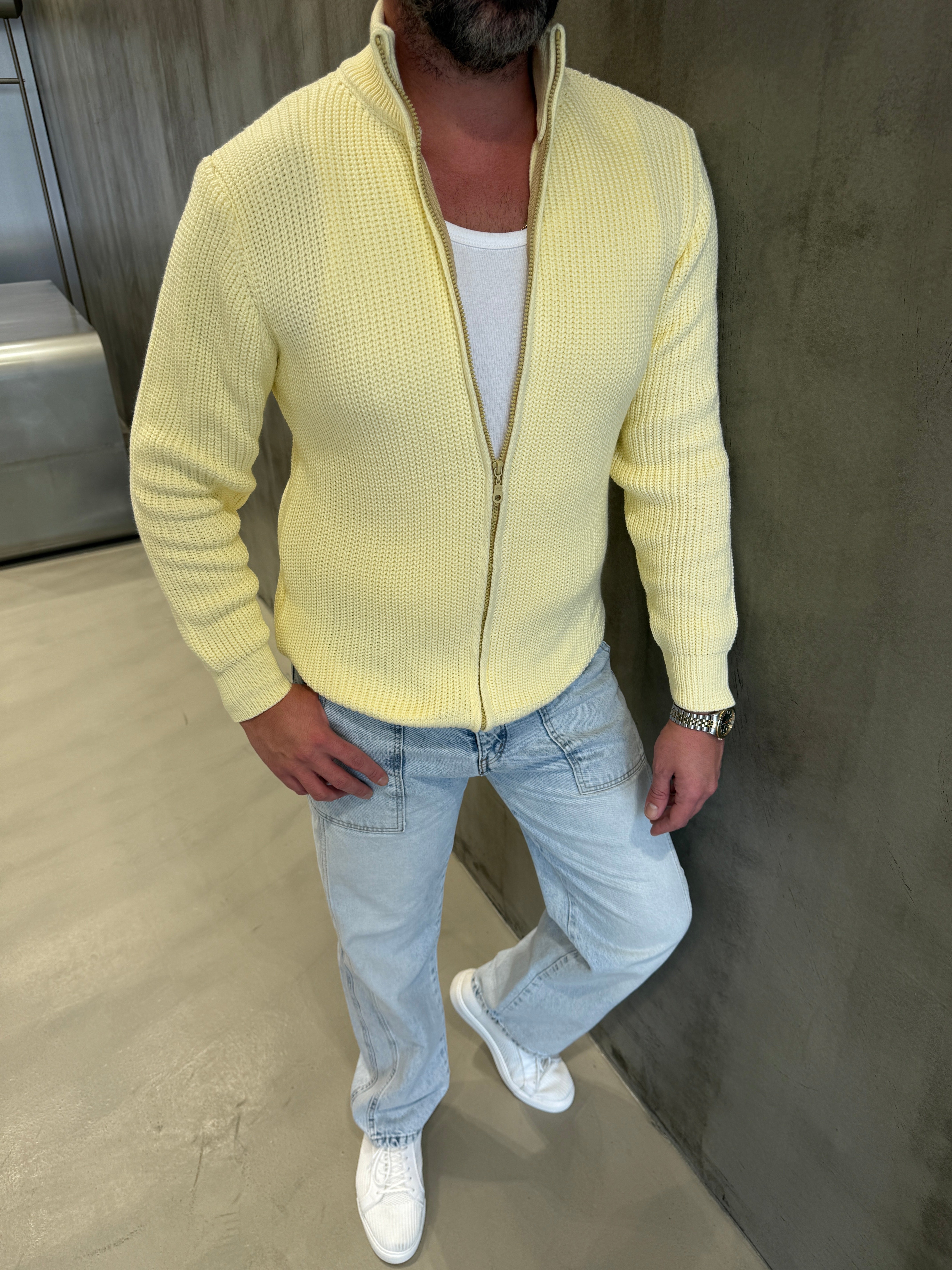 Sarı Fermuarlı Triko Hırka