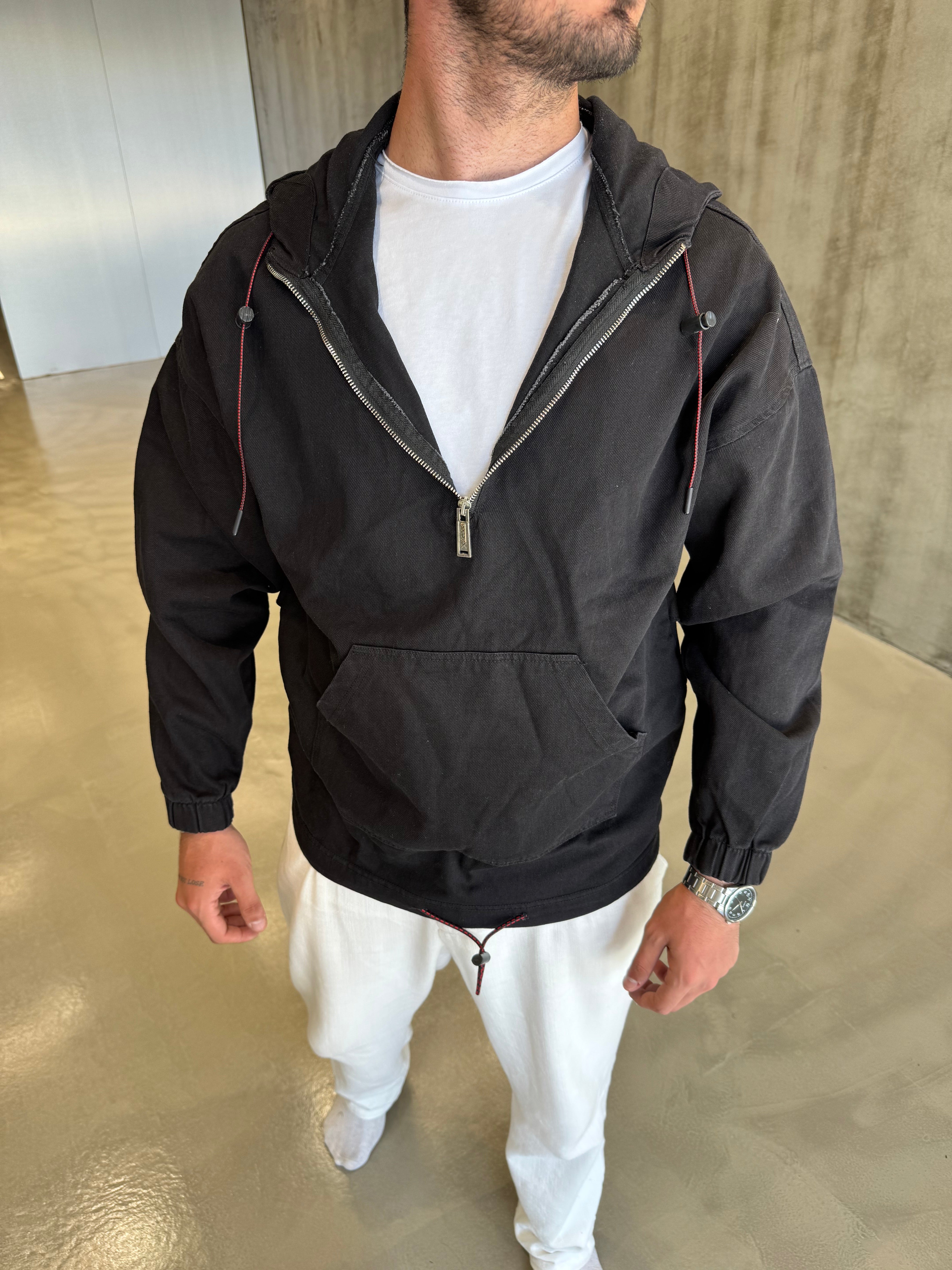 Siyah Kapüşonlu Kot Hırka