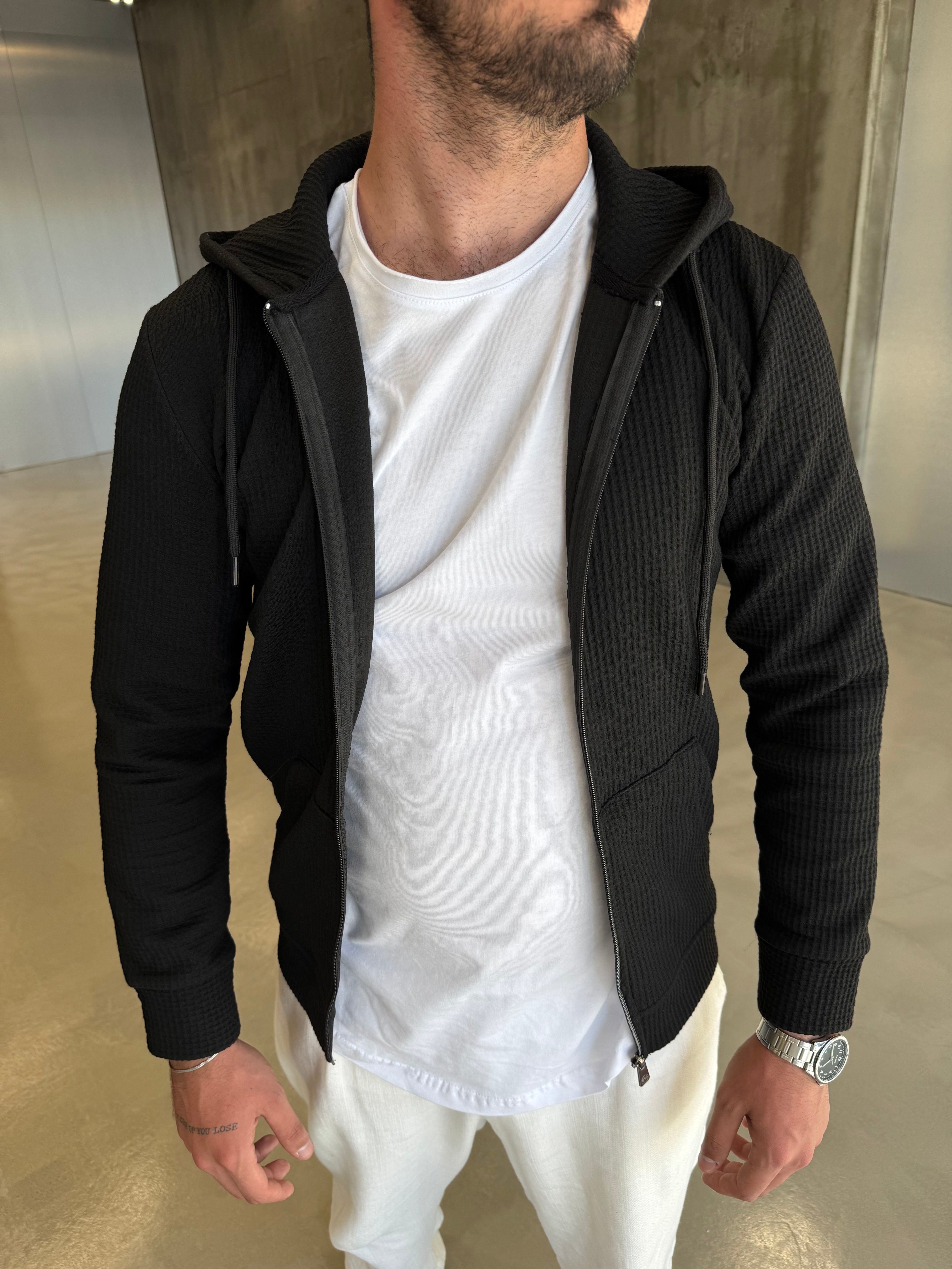 Siyah Çelik Örme Kapüşonlu Hırka