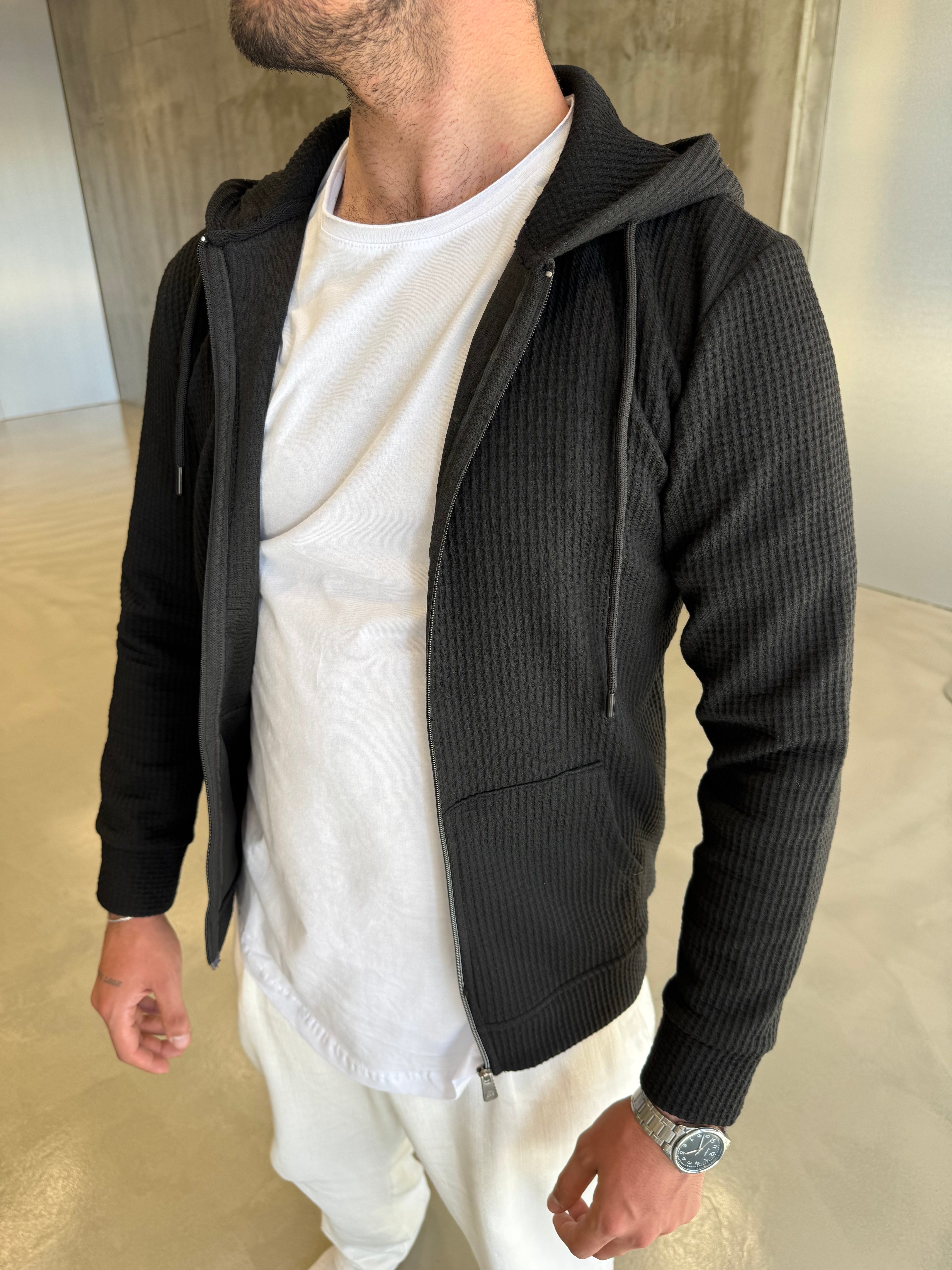 Siyah Çelik Örme Kapüşonlu Hırka