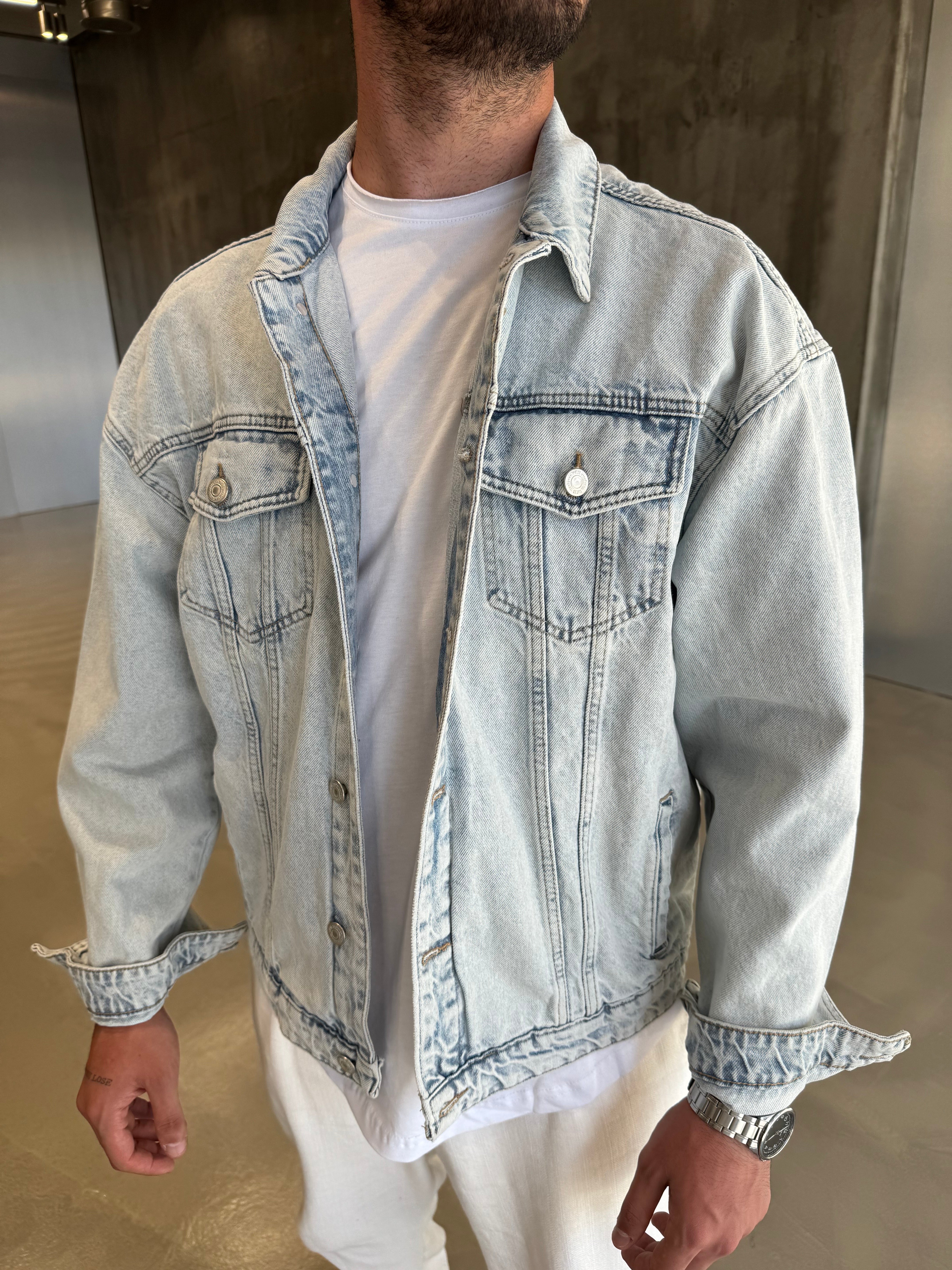 Buz Mavi Baskılı Kot Ceket