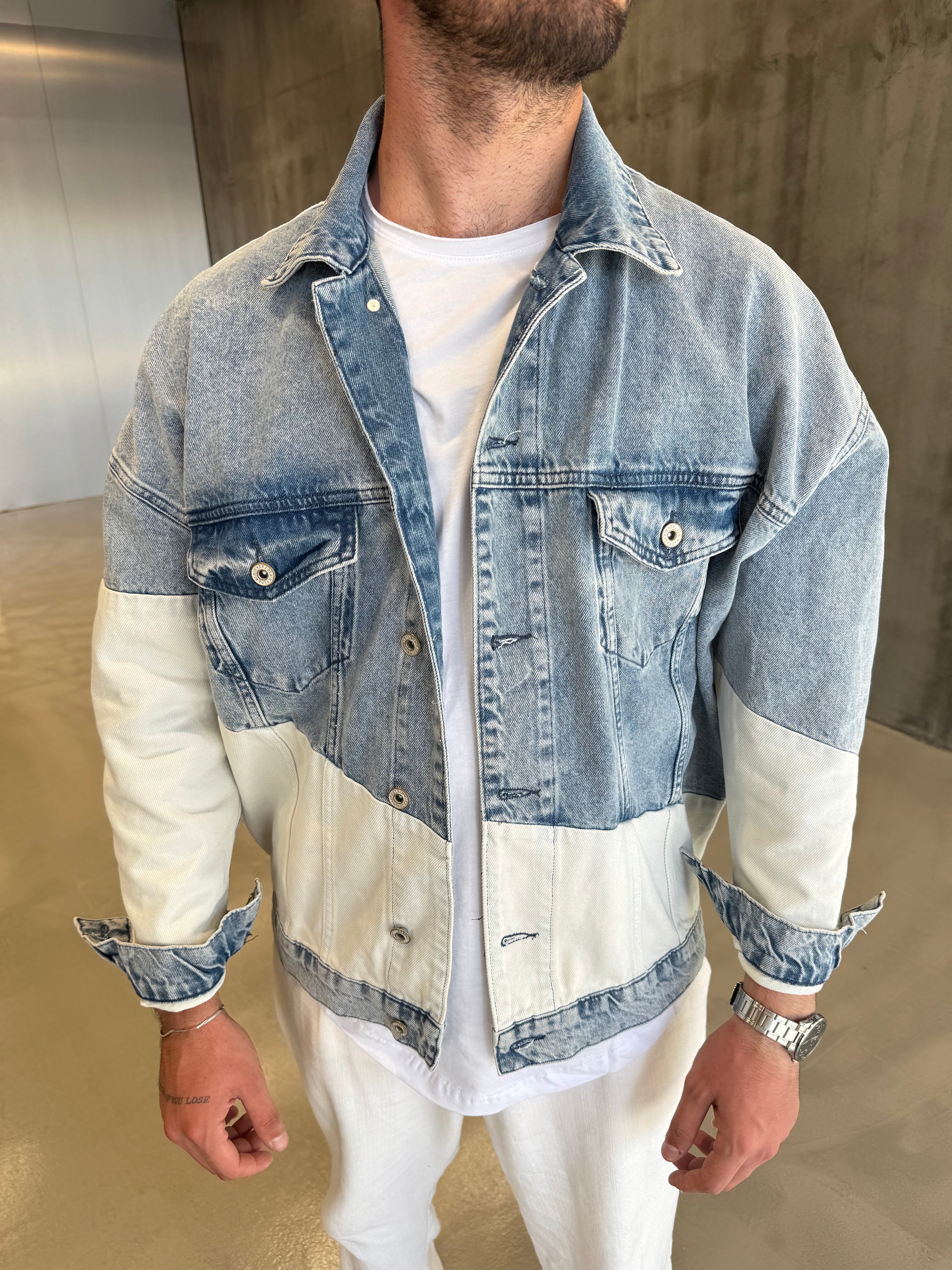 Mavi Beyaz Detaylı Kot Ceket