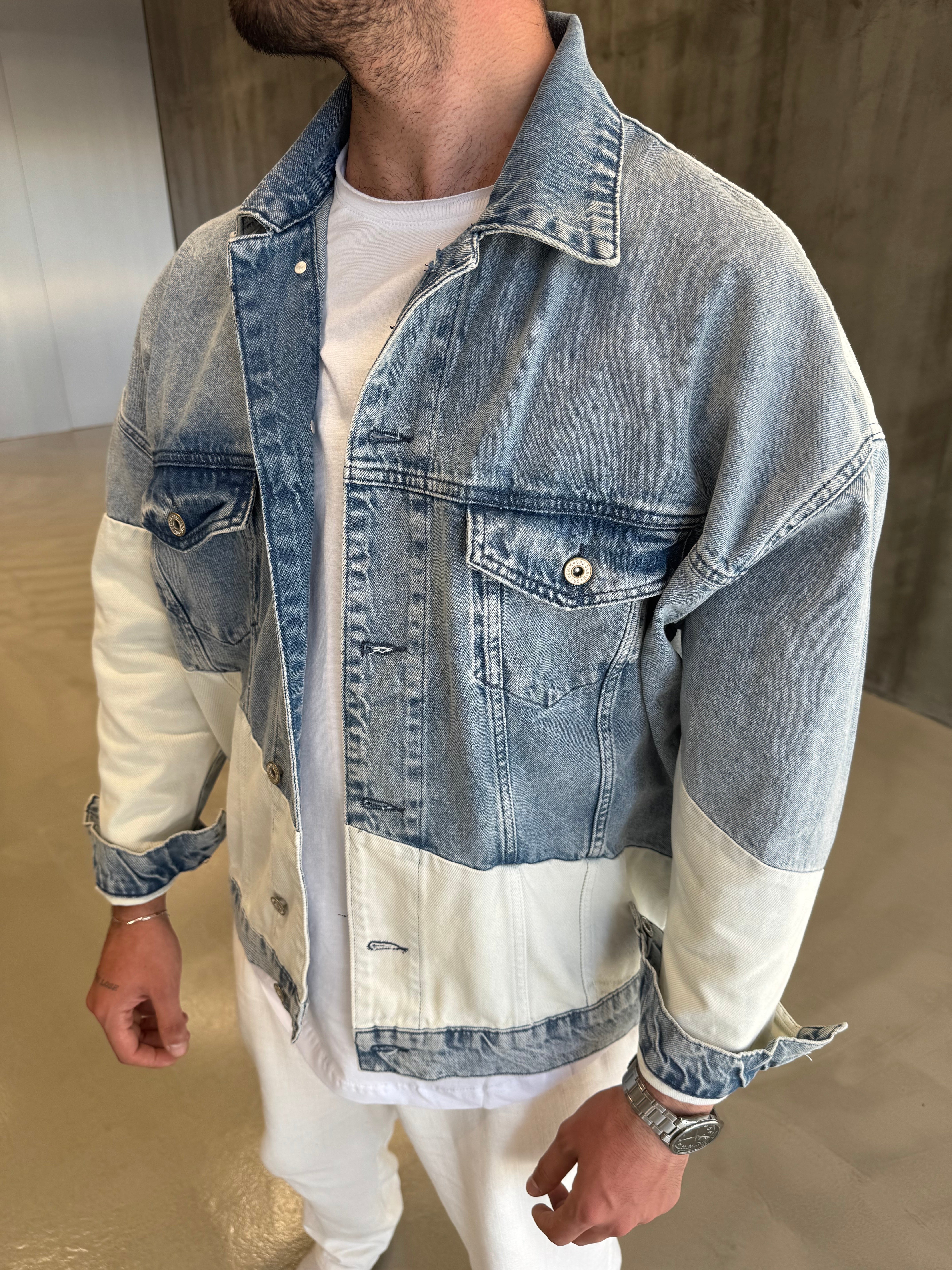 Mavi Beyaz Detaylı Kot Ceket