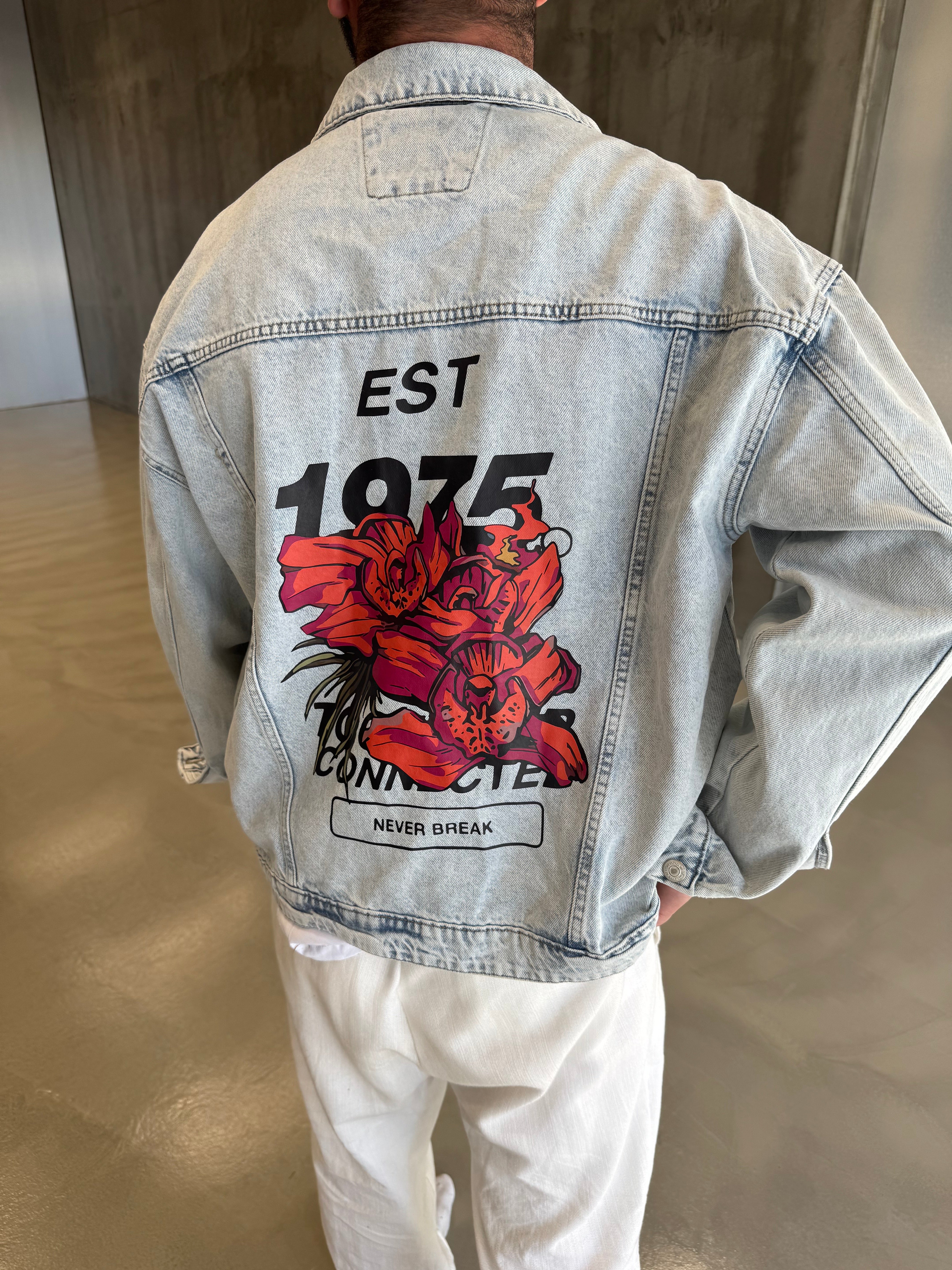 Buz Mavi Baskılı Kot Ceket