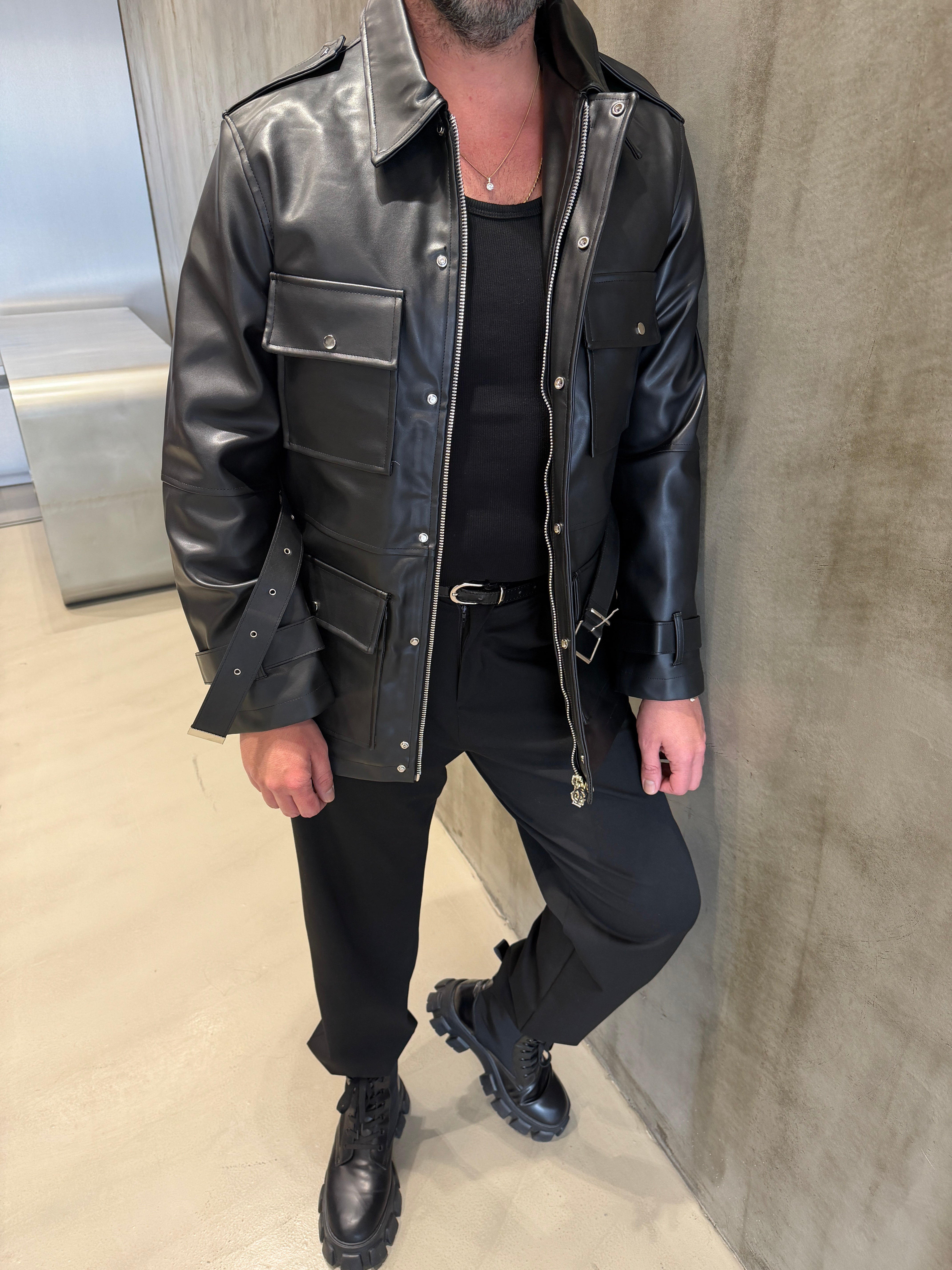 Siyah Giesto Deri Tasarım Mont