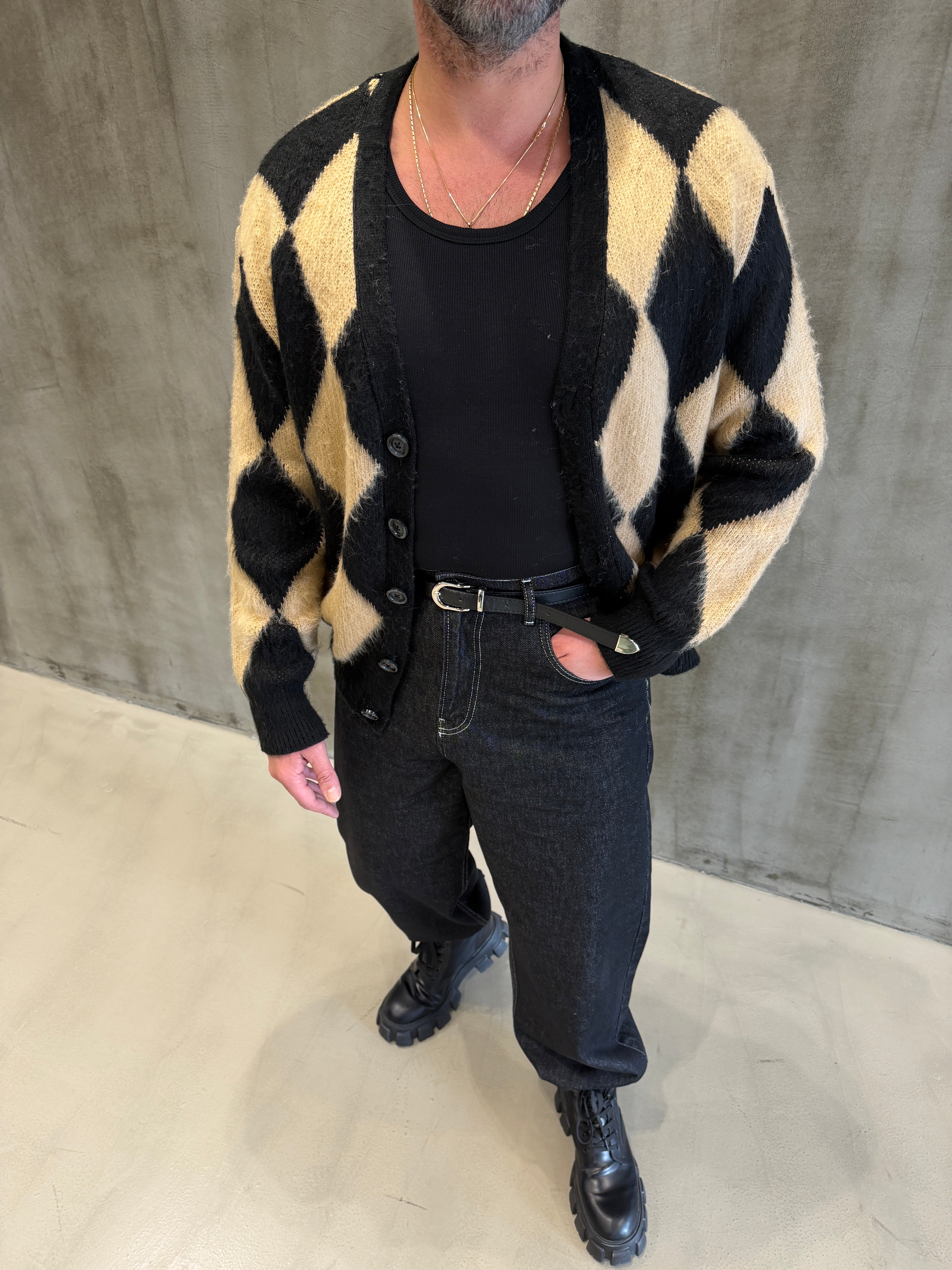 Kahve Baklava Desenli Sakallı Kumaş Hırka