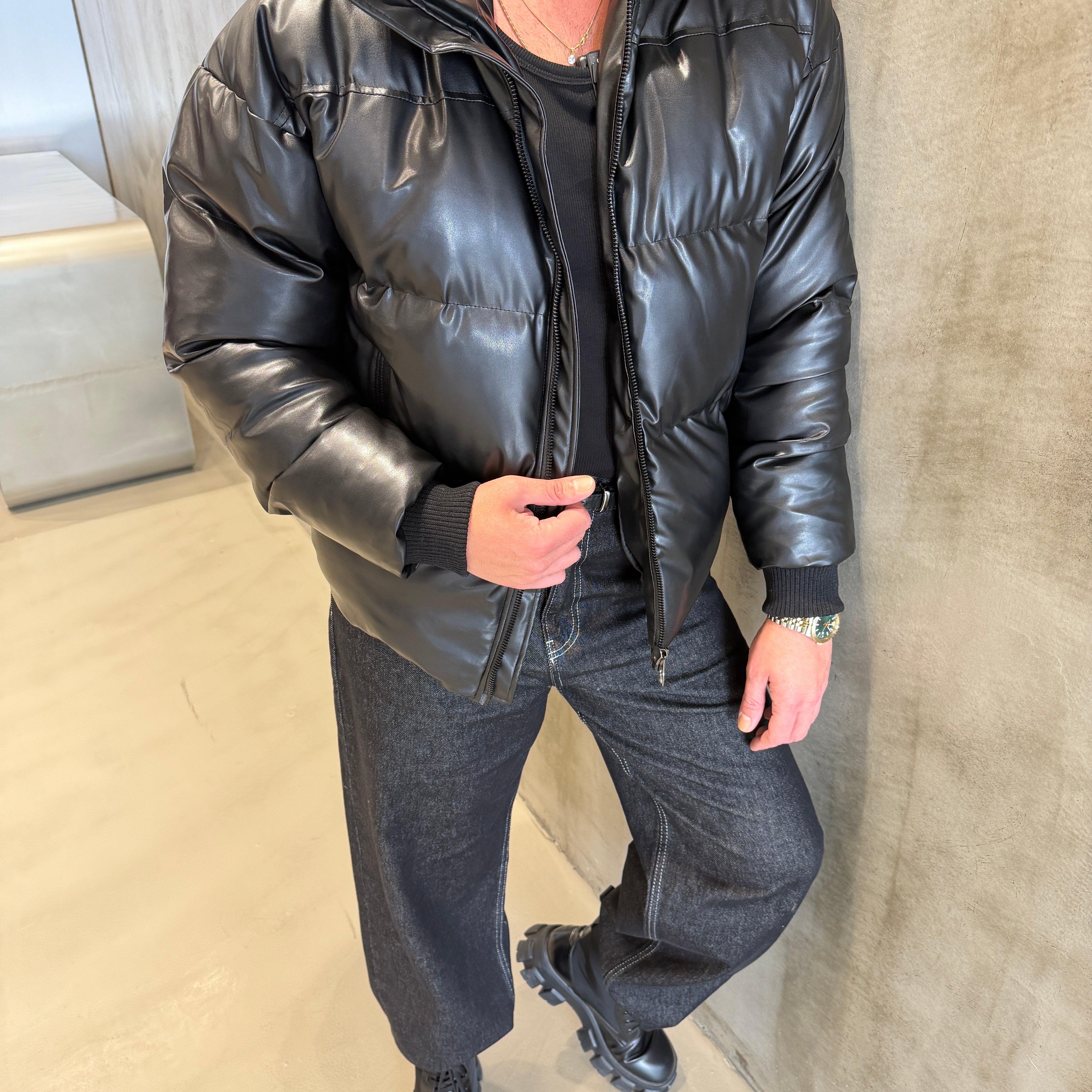 FYS Deri Gizli Kapüşon Şişme Mont