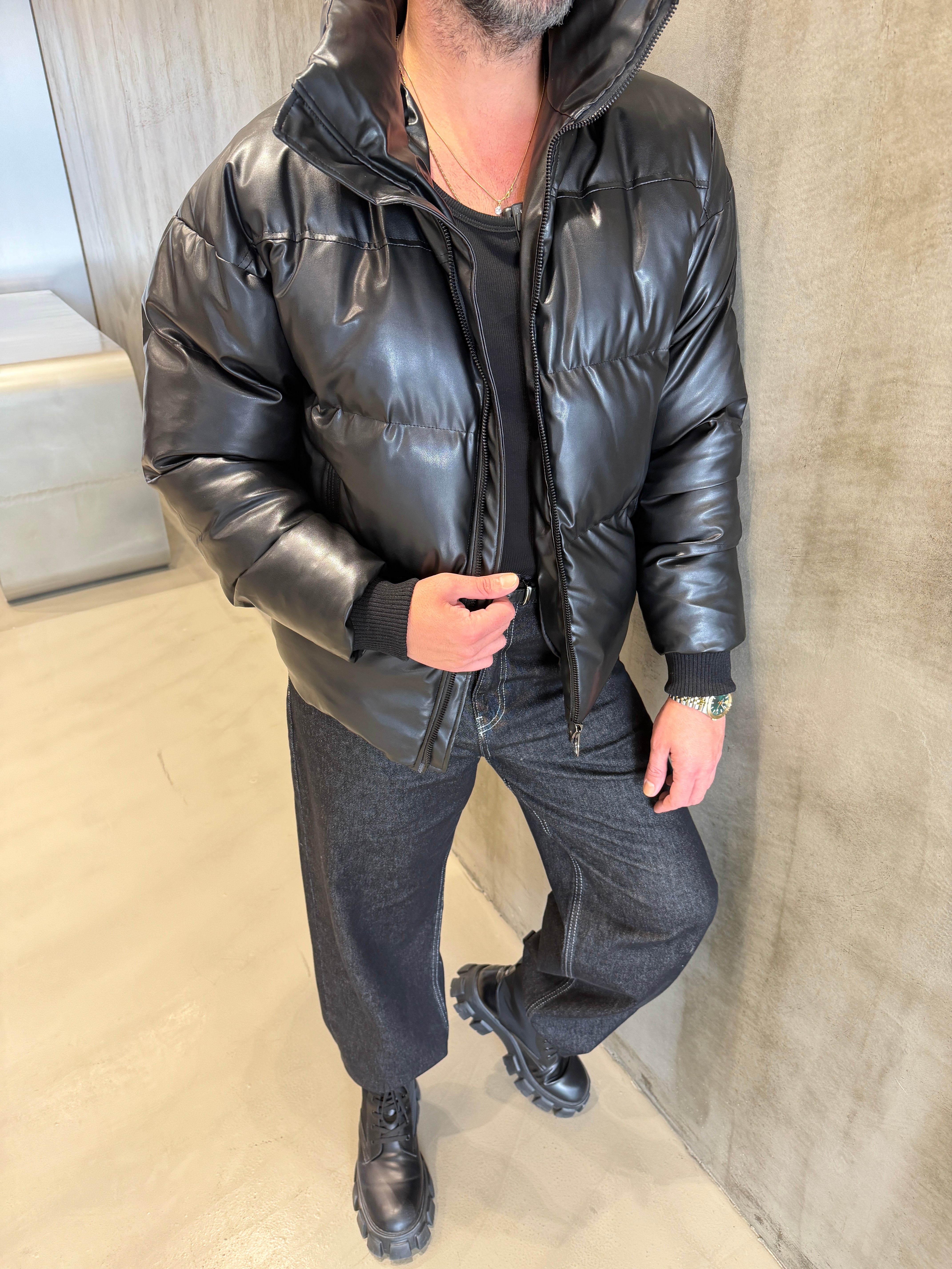 FYS Deri Gizli Kapüşon Şişme Mont