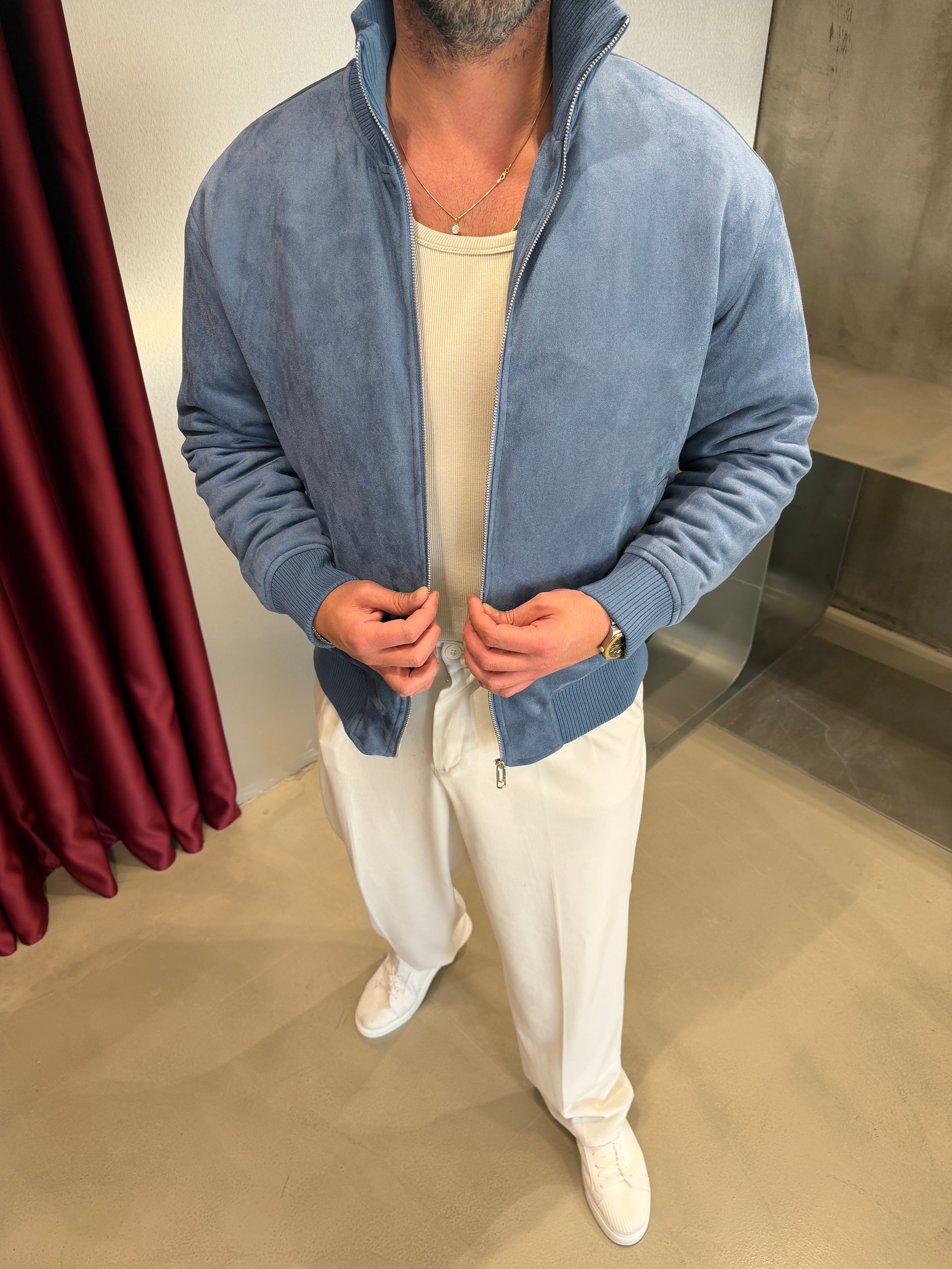 Mavi Ribana Yakalı Nubuk Mont