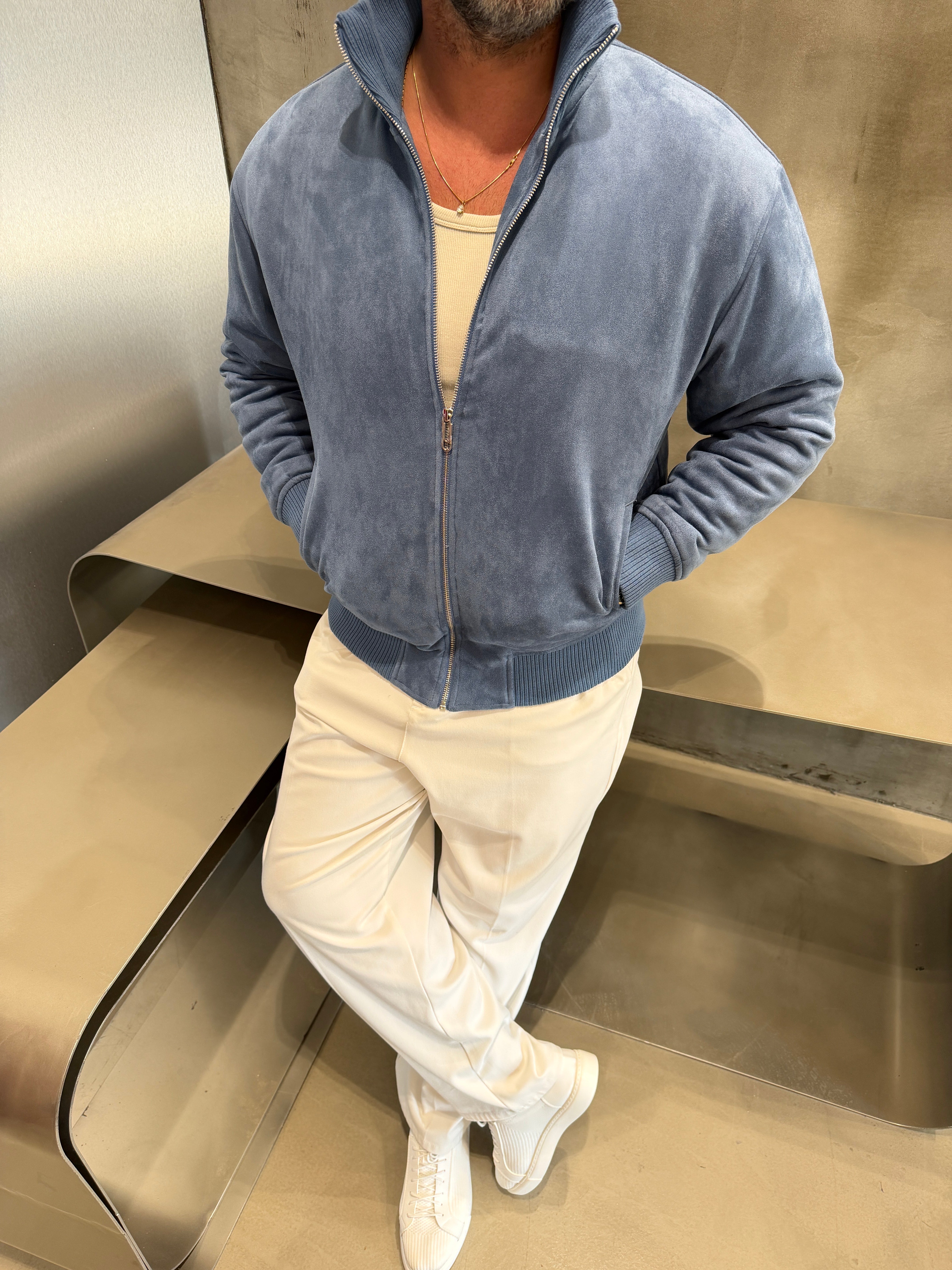 Mavi Ribana Yakalı Nubuk Mont