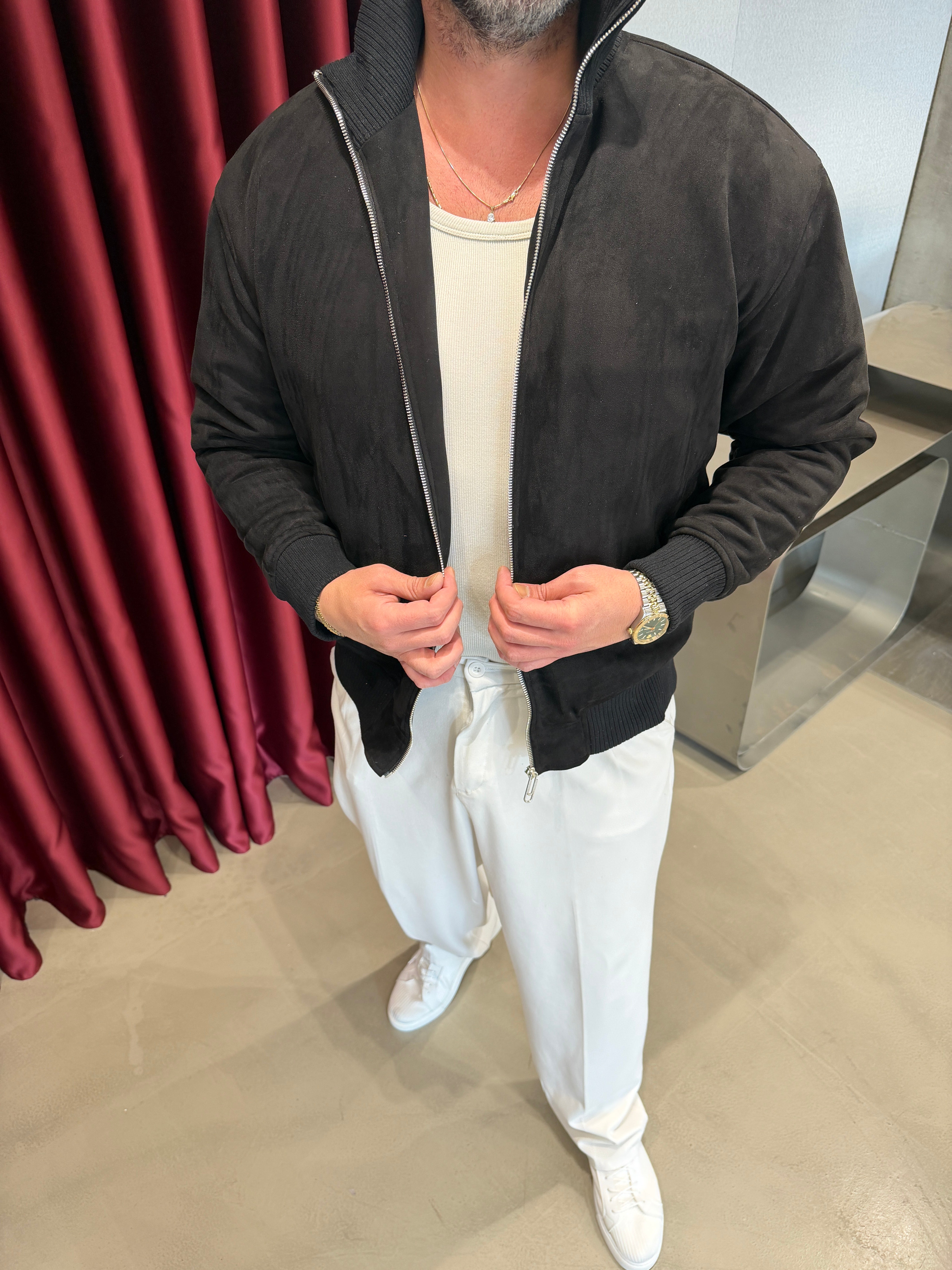 Siyah Ribana Yakalı Nubuk Mont