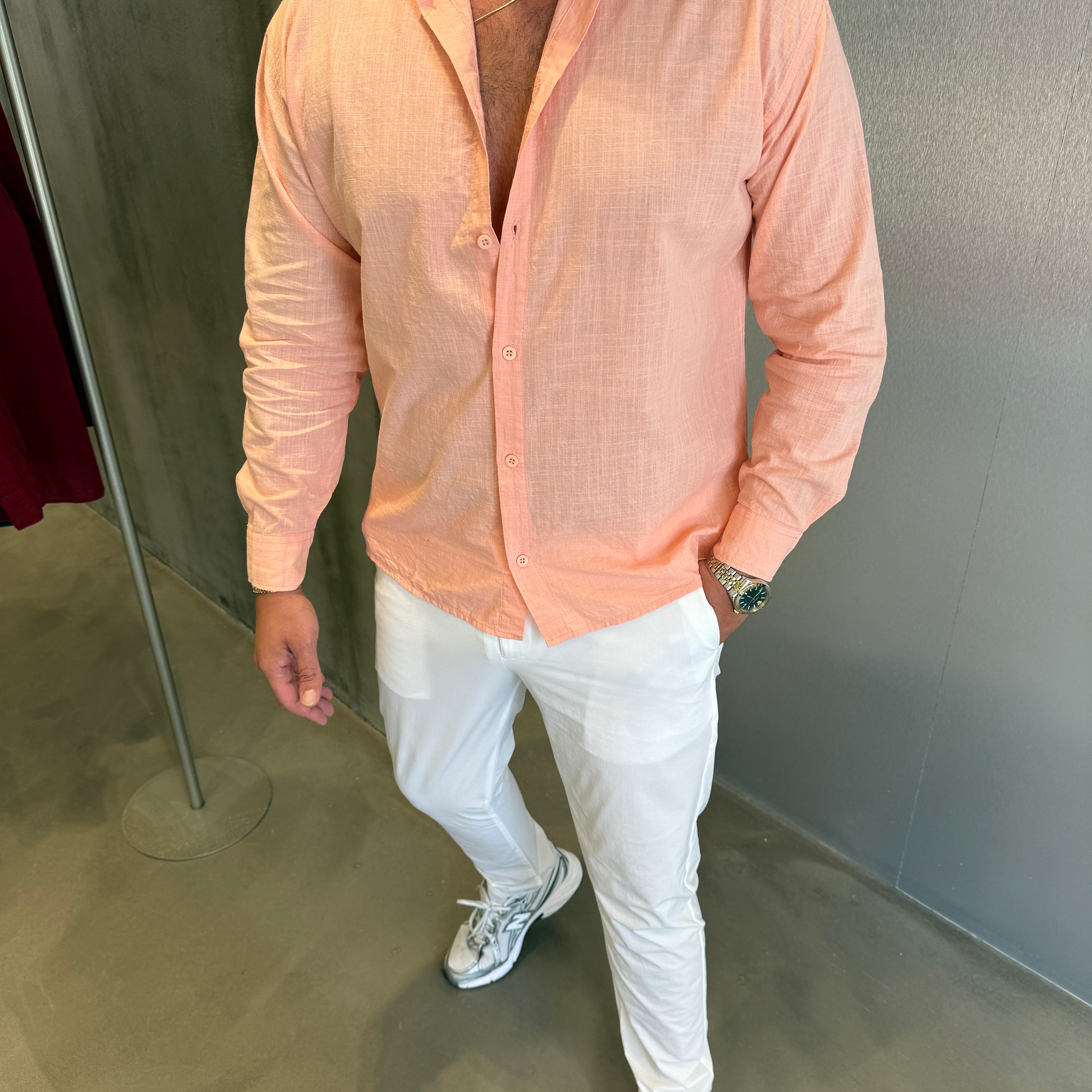 Pembe Flam Keten Gömlek
