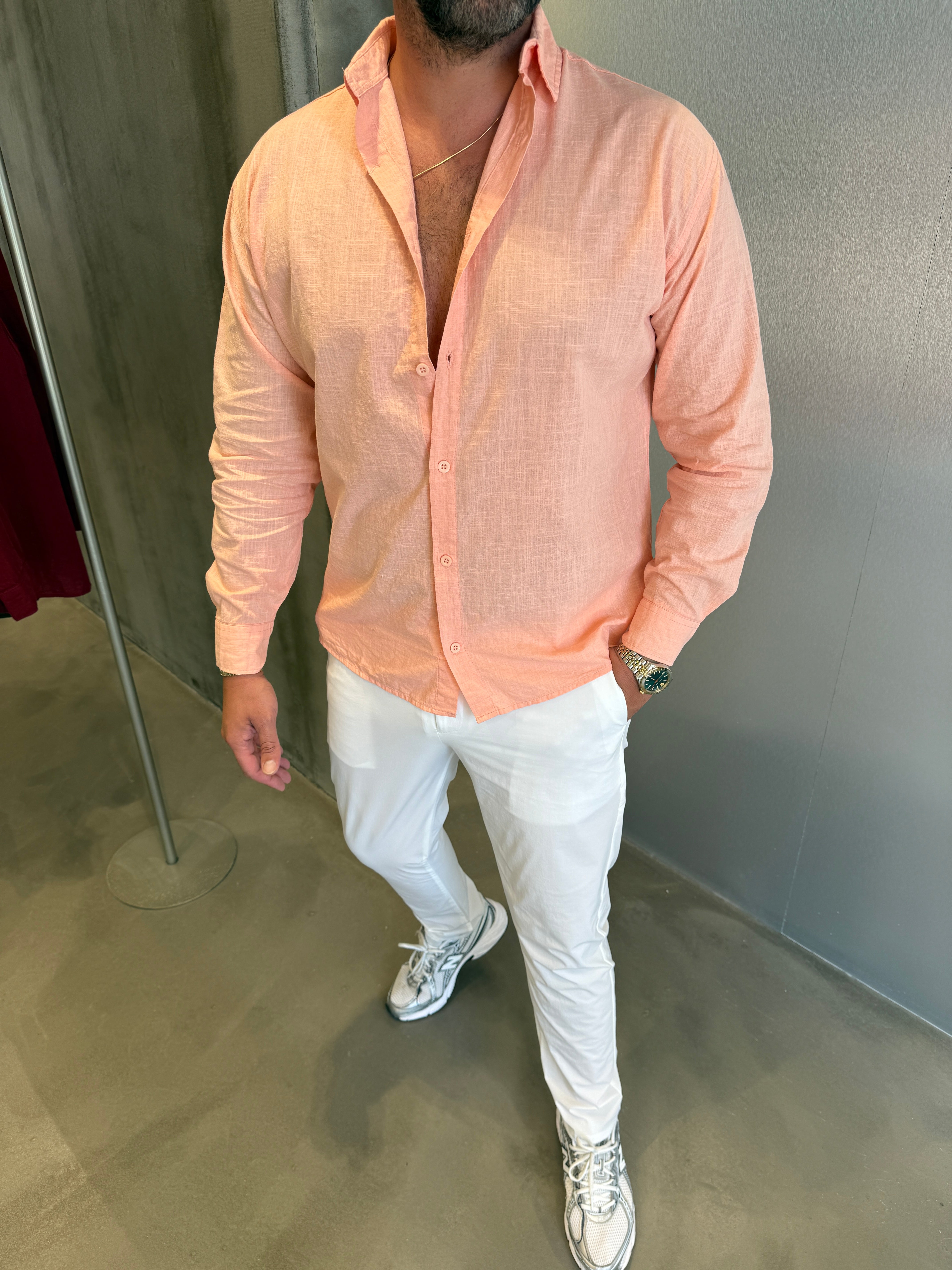 Pembe Flam Keten Gömlek