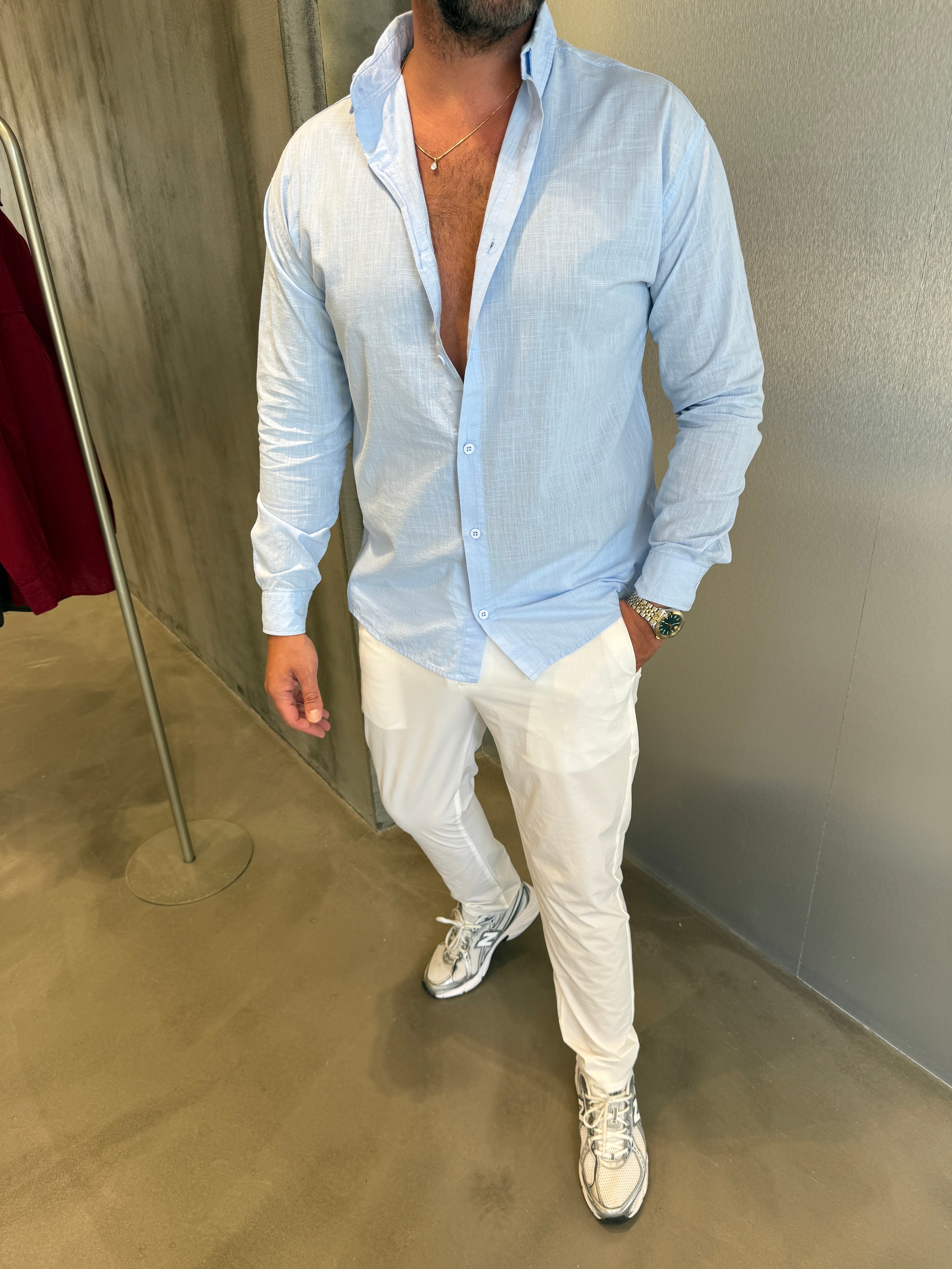 Mavi Flam Keten Gömlek