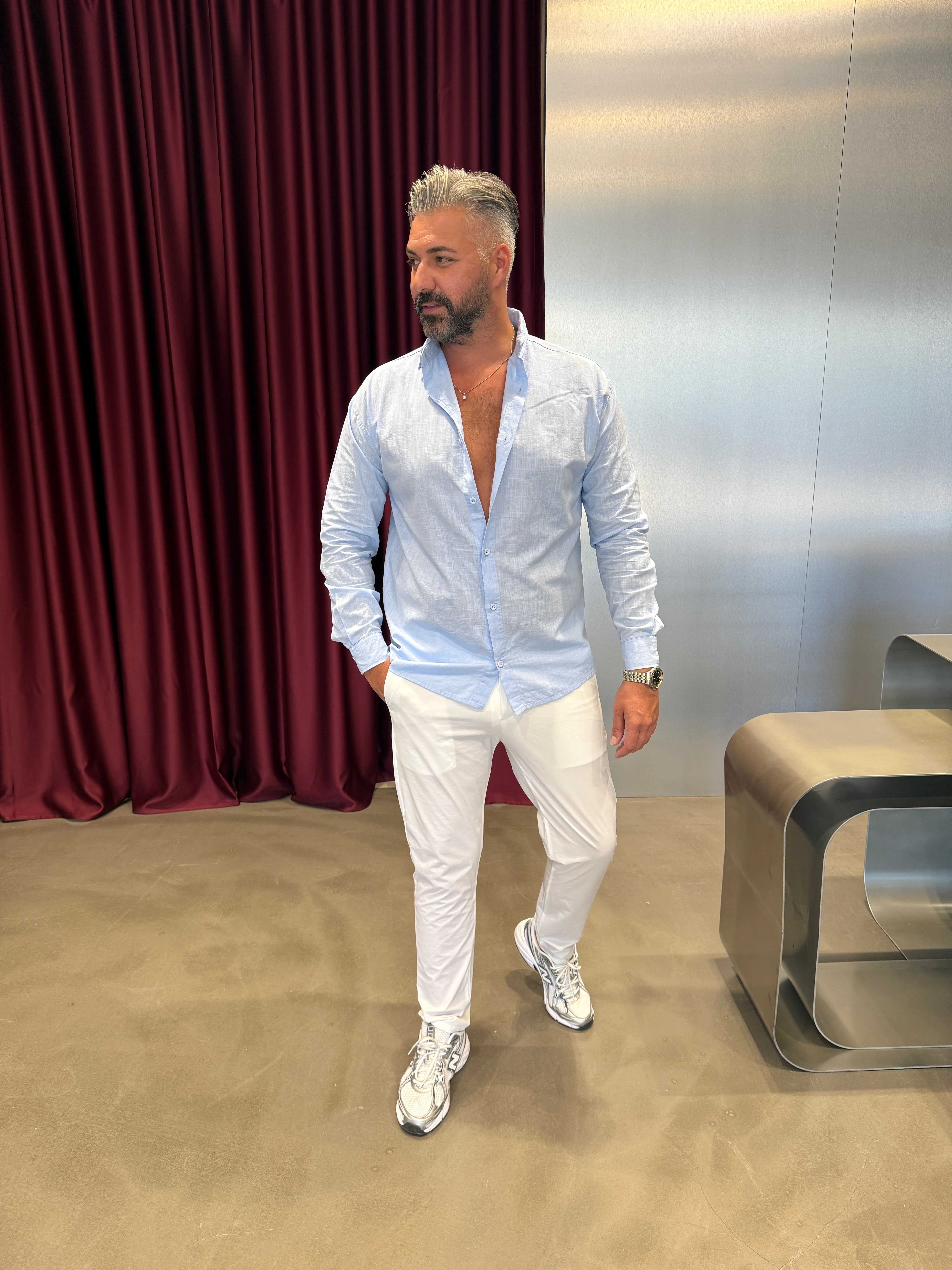 Mavi Flam Keten Gömlek