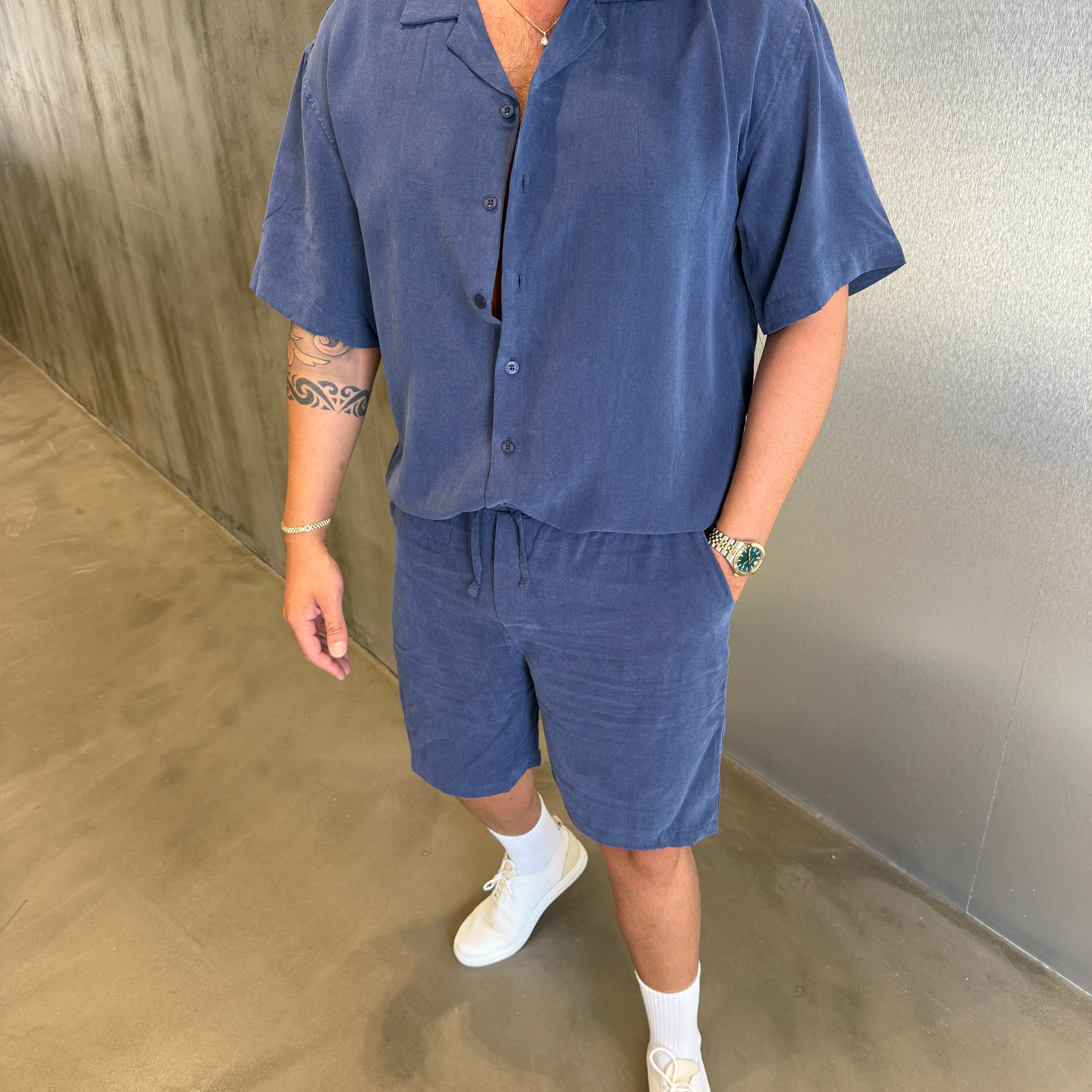 Lacivert Modal Kumaş Yıkamalı Takım