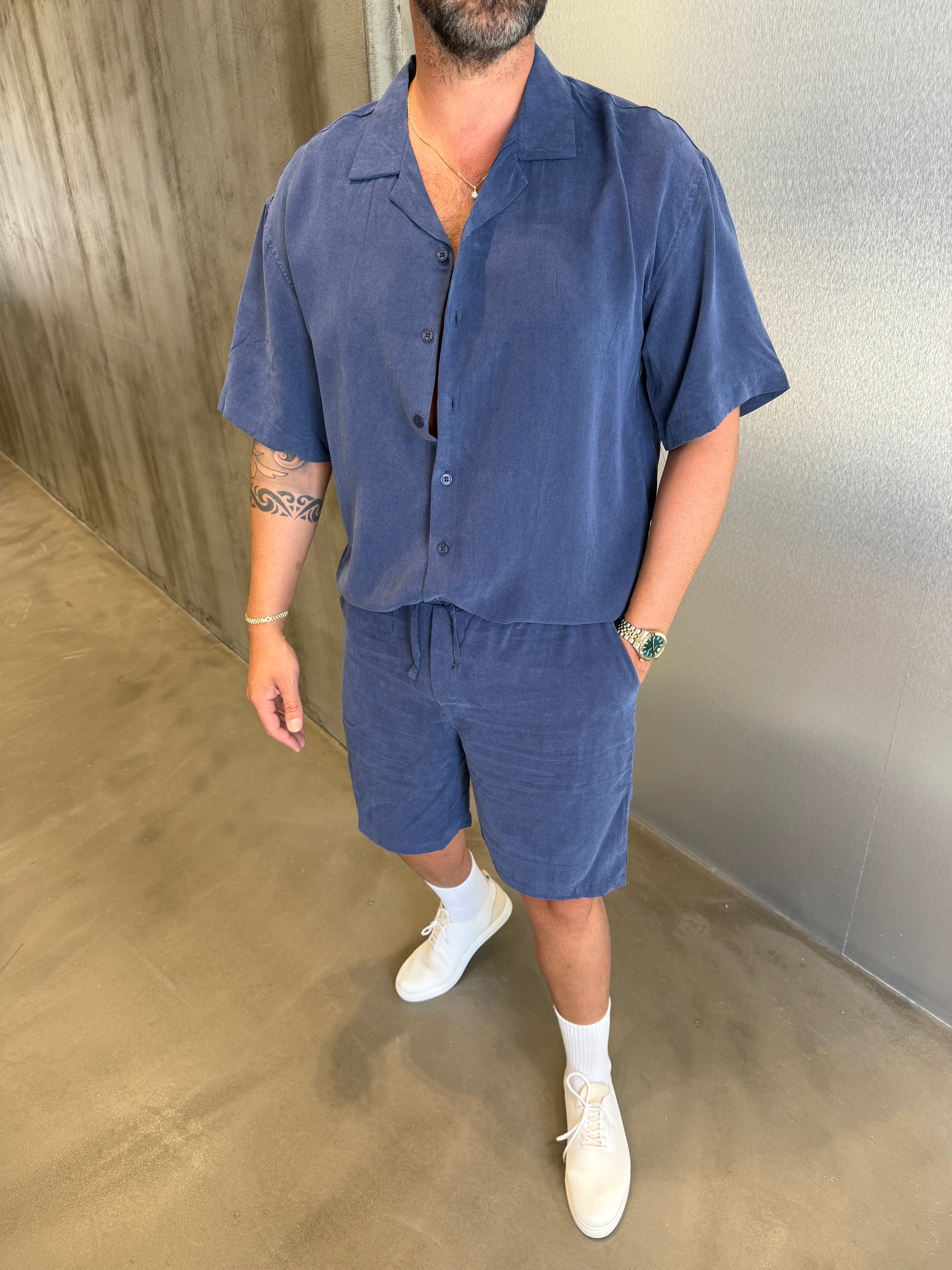 Lacivert Modal Kumaş Yıkamalı Takım