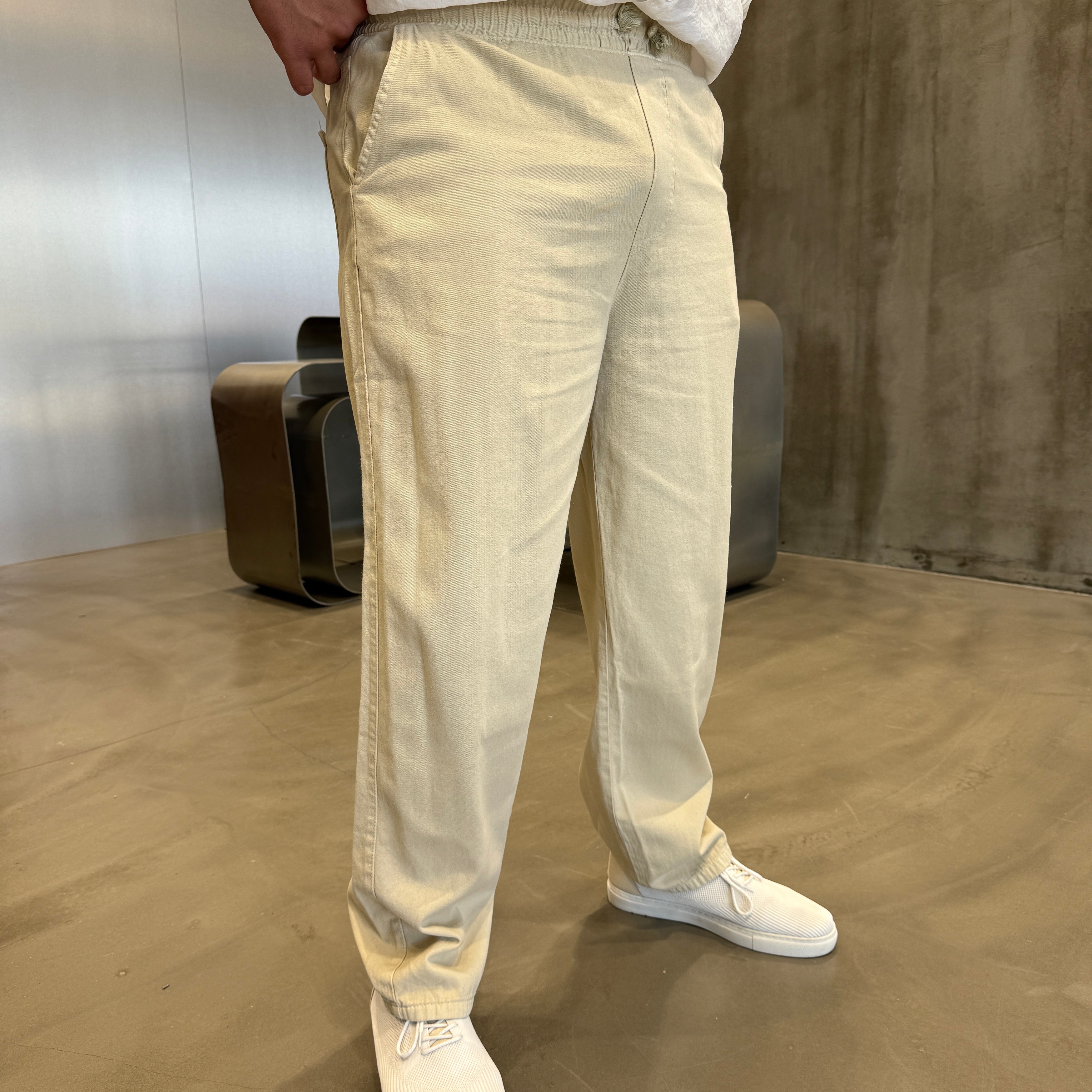 Krem Gabardin Yıkamalı Baggy Pantolon