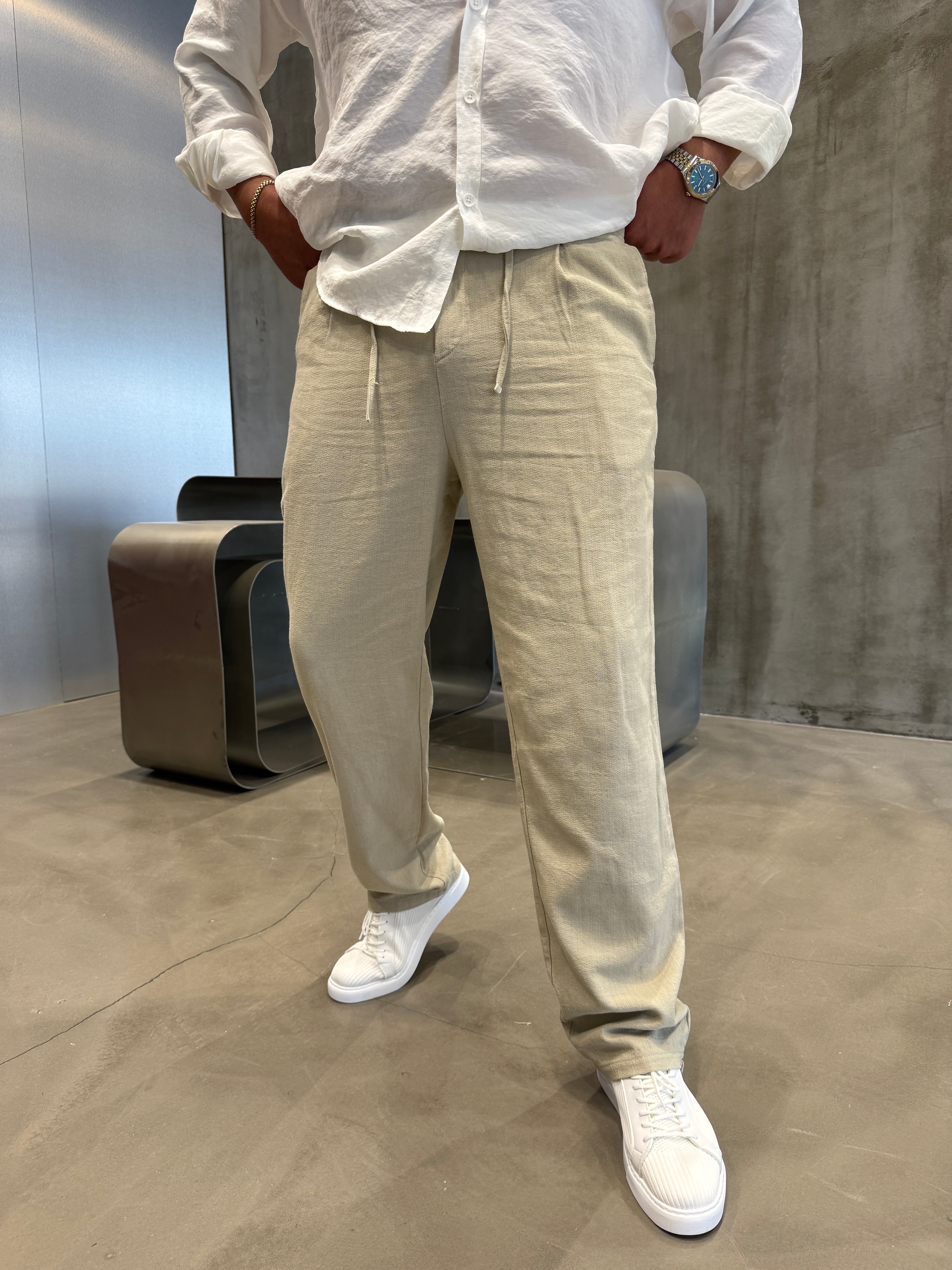 Kahve İpli Keten Pantolon