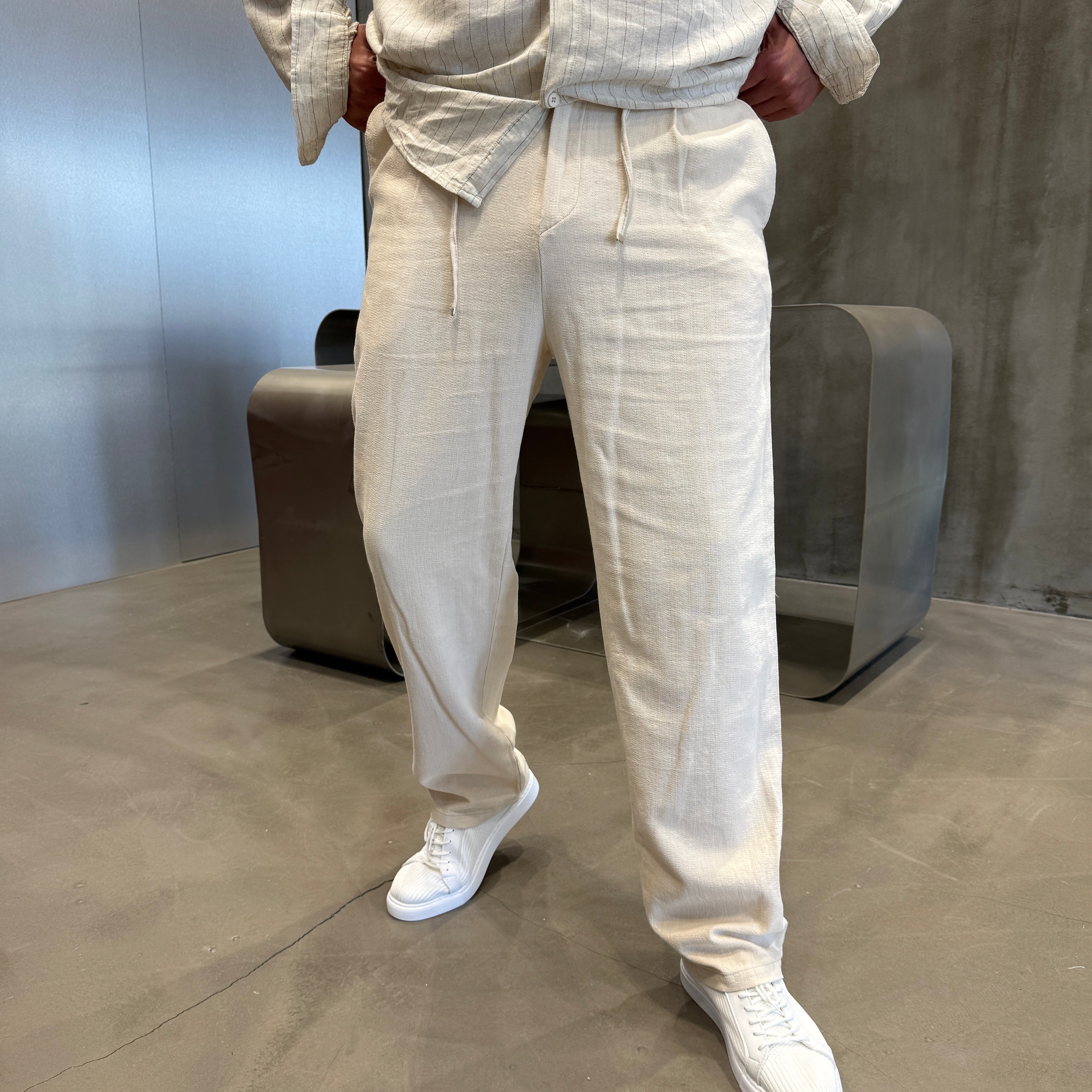 Krem İpli Keten Pantolon