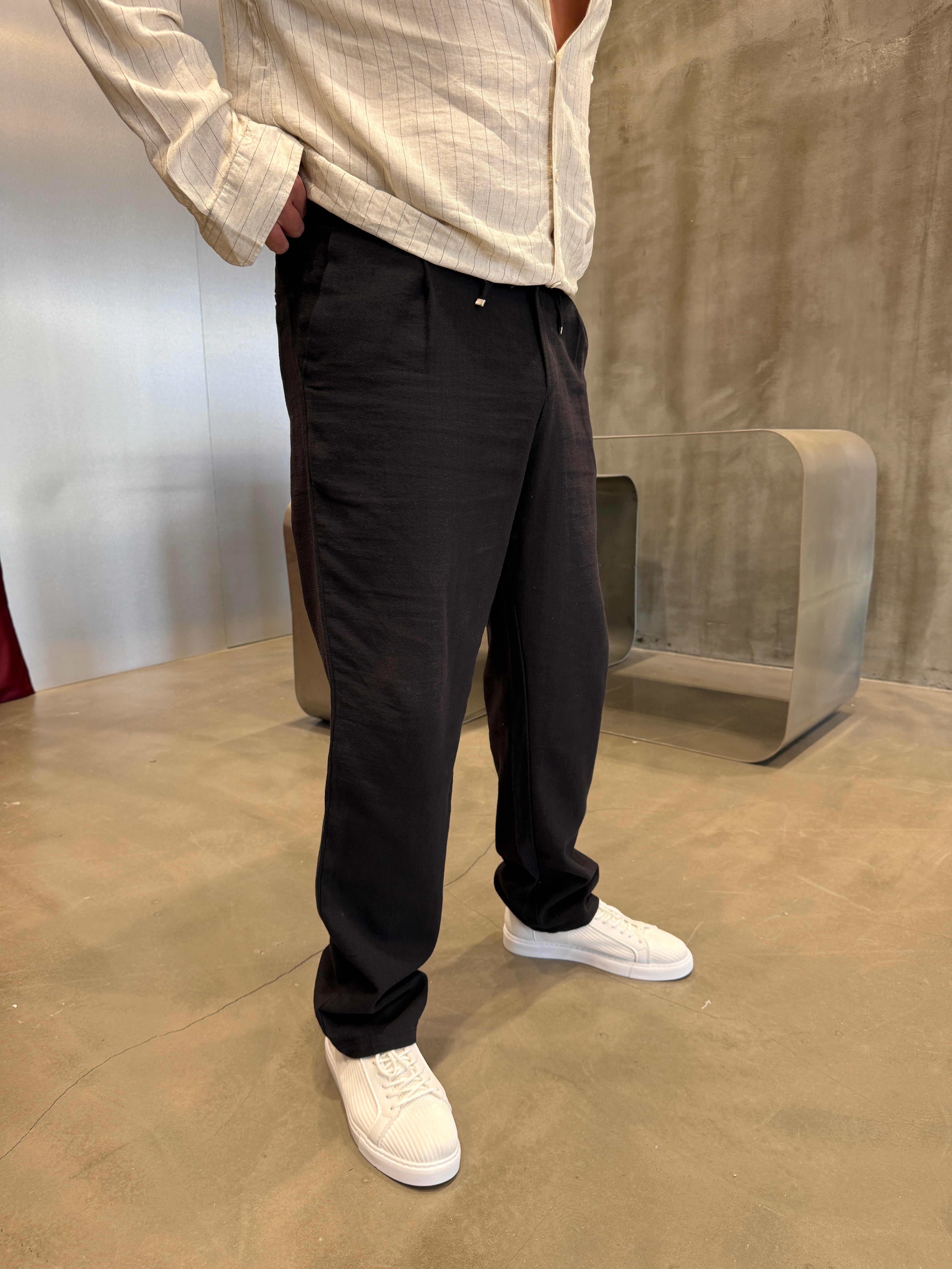 Kahve İpli Keten Pantolon