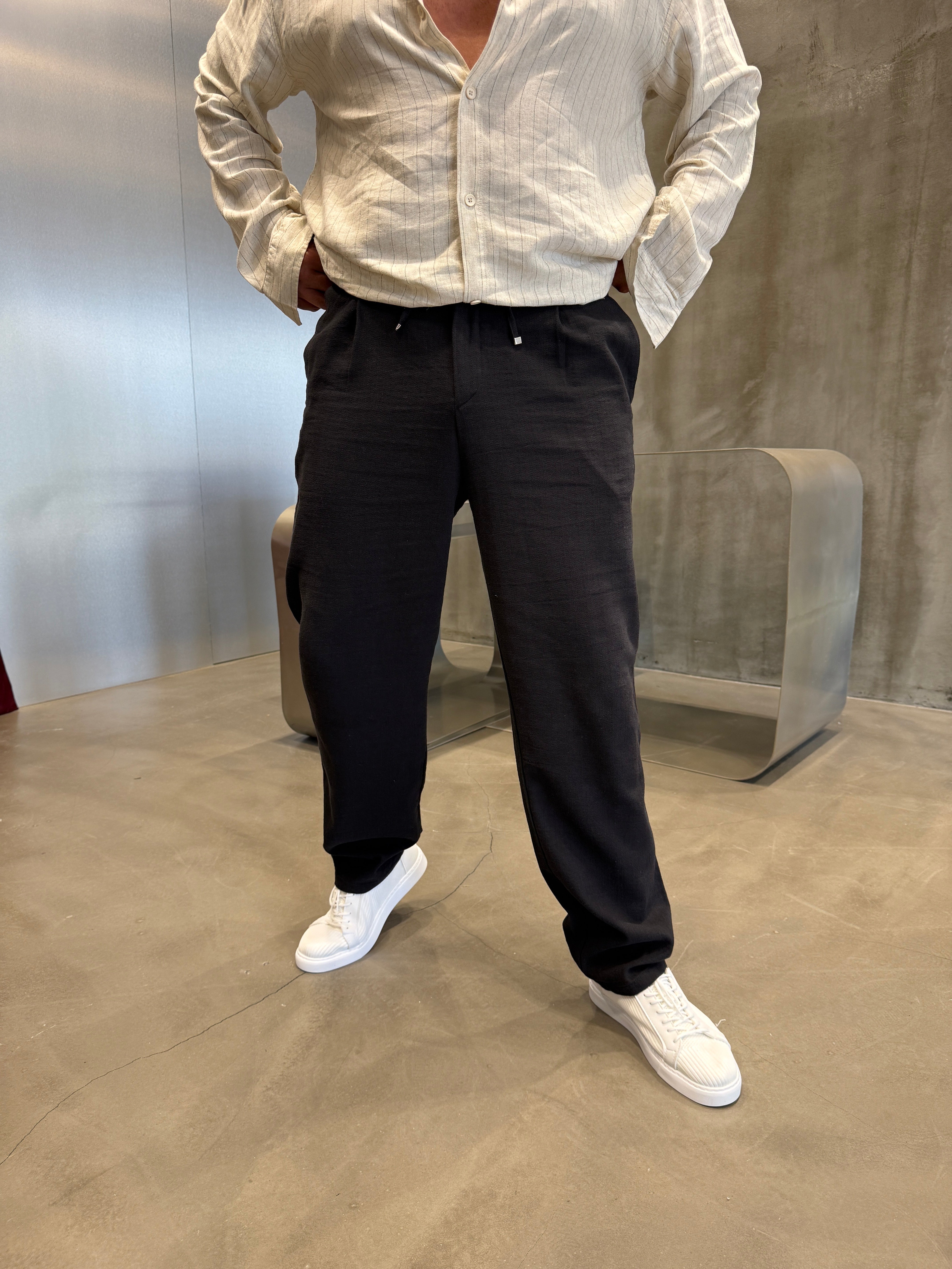 Kahve İpli Keten Pantolon