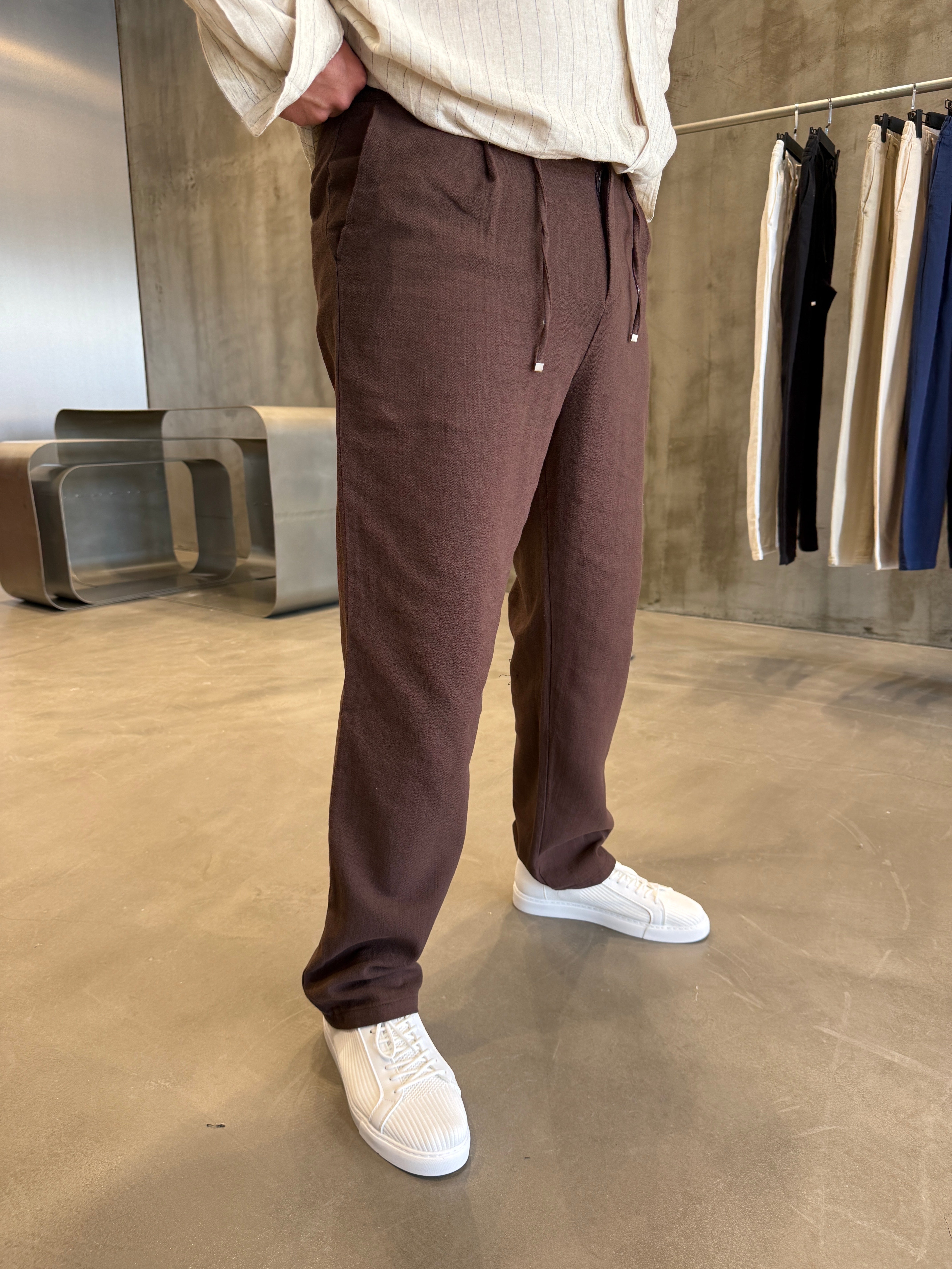 Kahve İpli Keten Pantolon