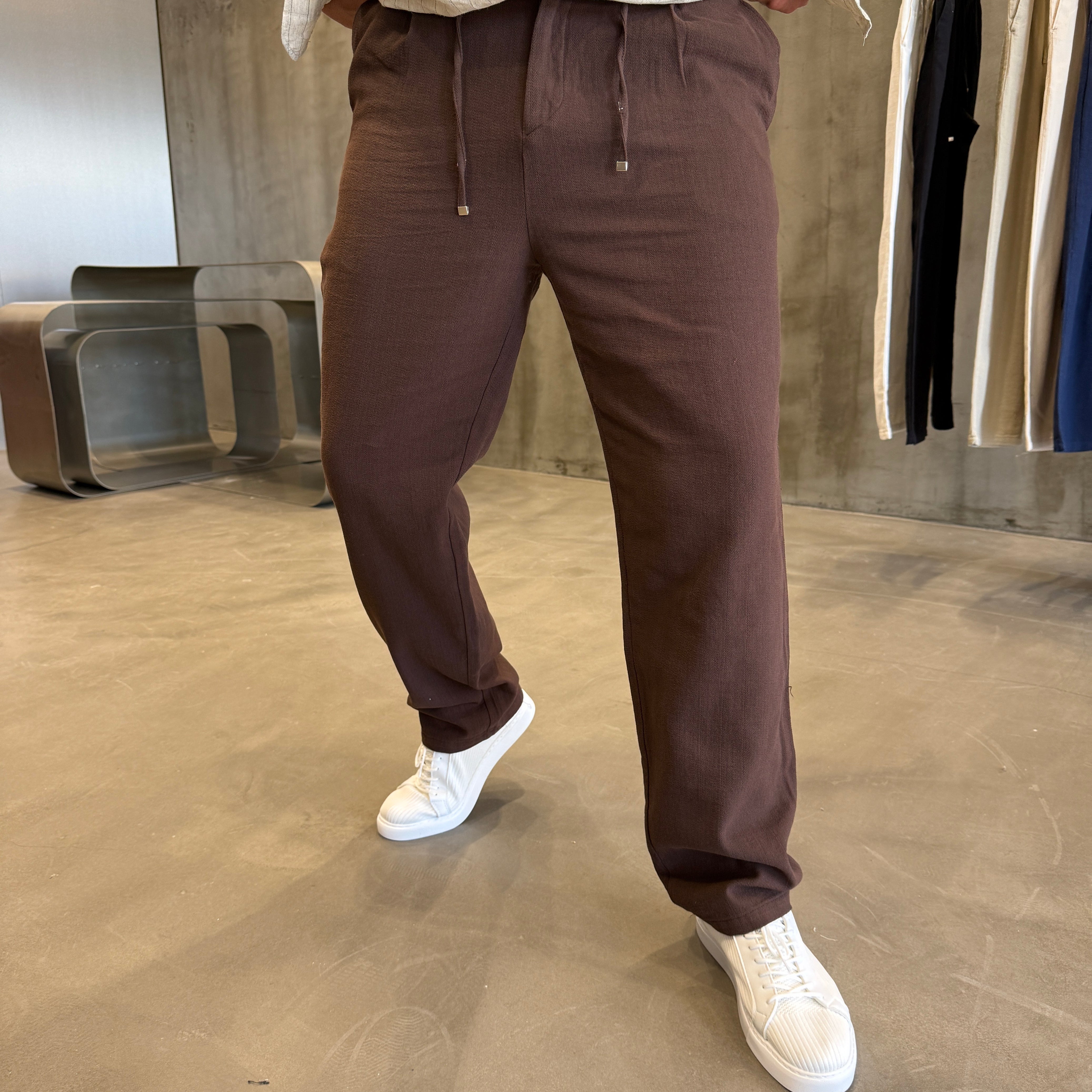 Kahve İpli Keten Pantolon