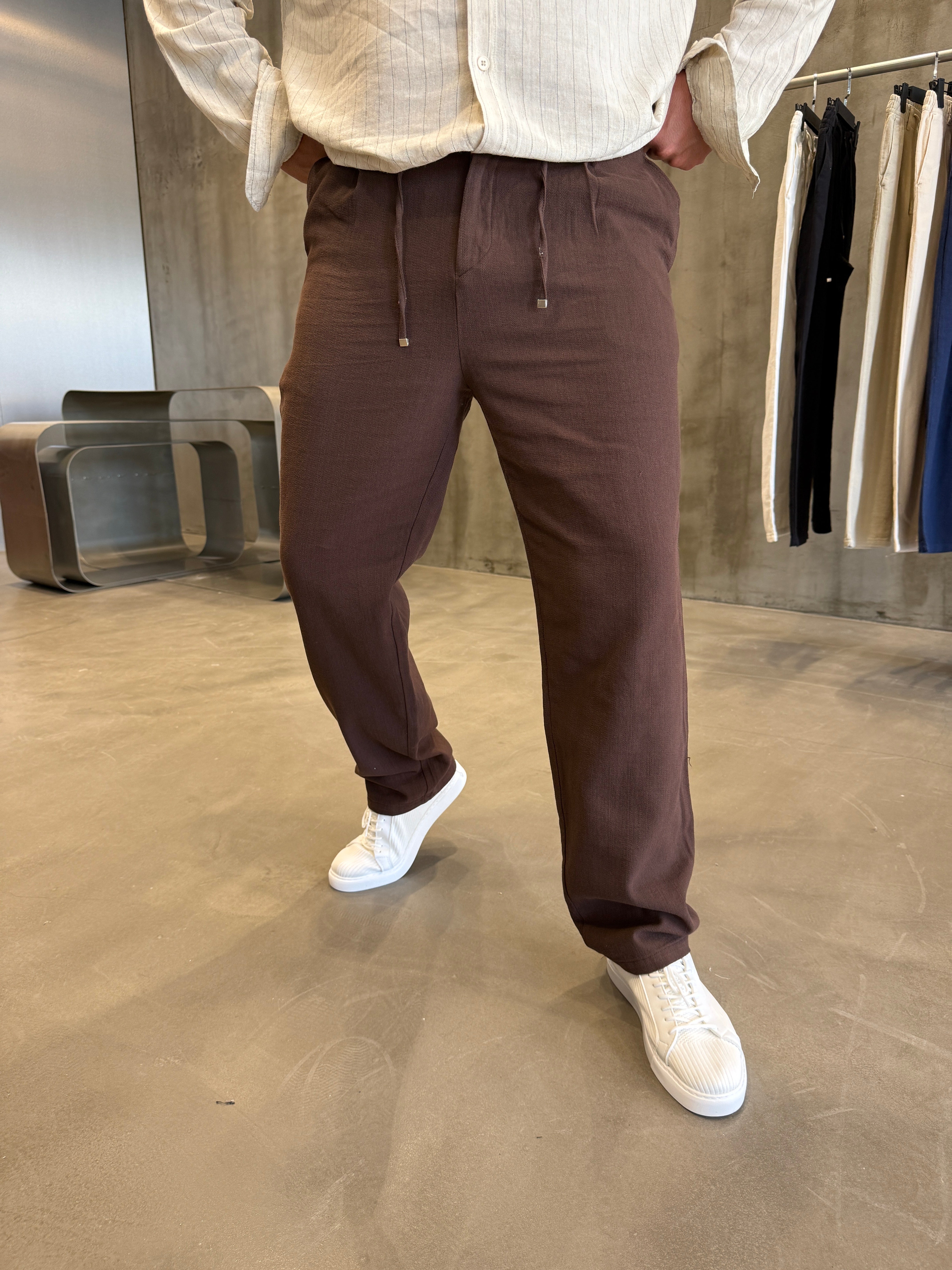 Kahve İpli Keten Pantolon