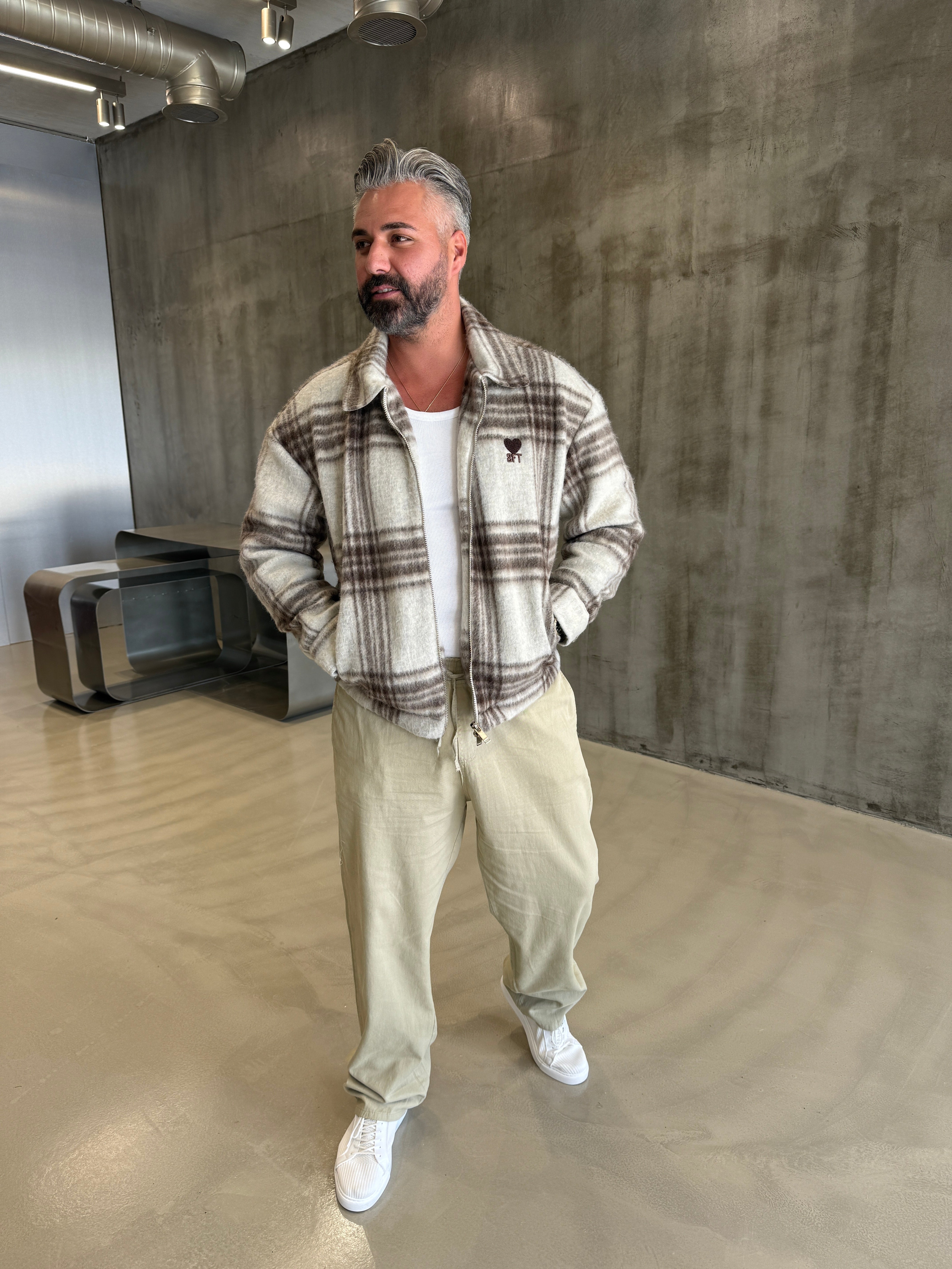 Beyaz Vintage Kareli Kaşmir Ceket