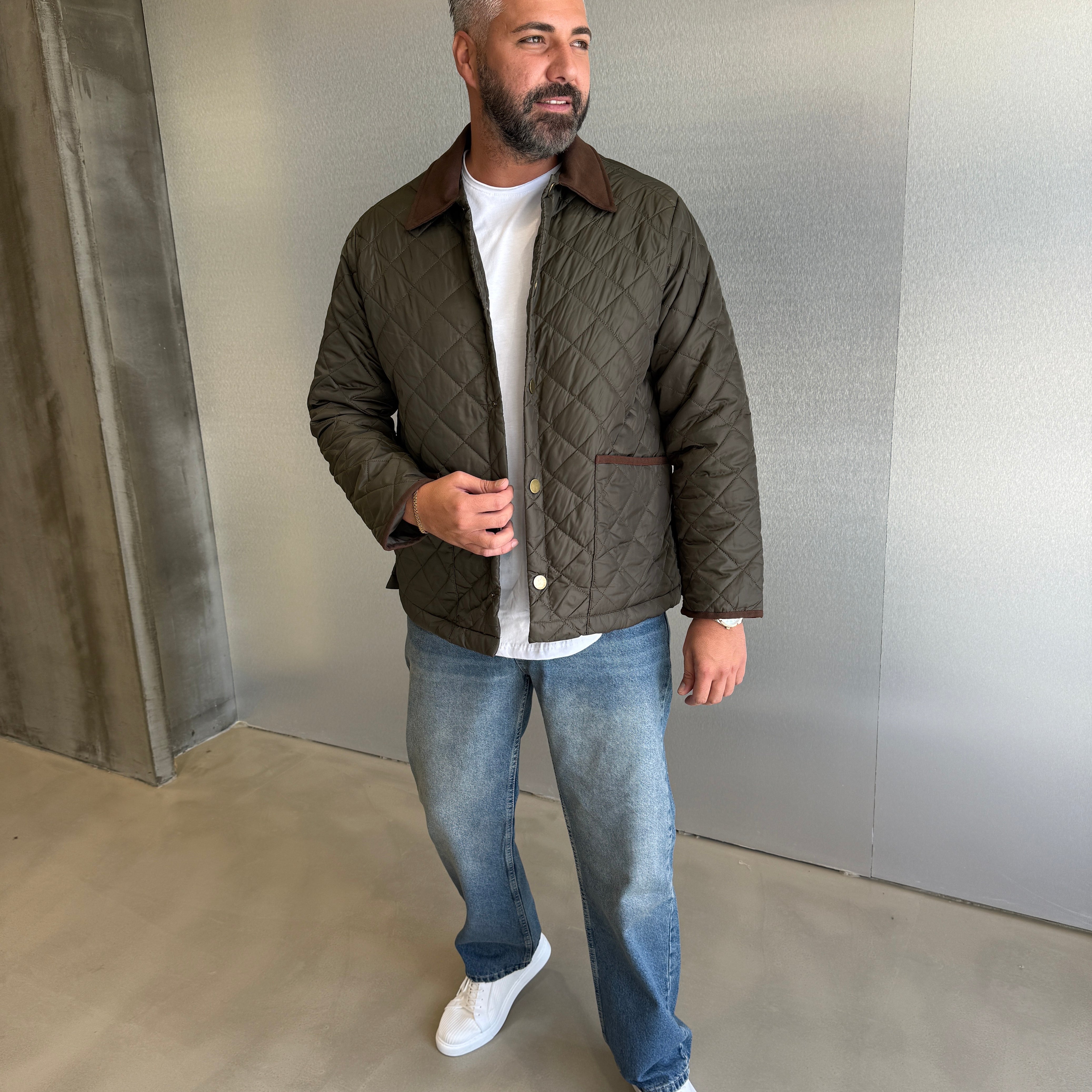 Haki Kadife Yakalı Kapitone Mont