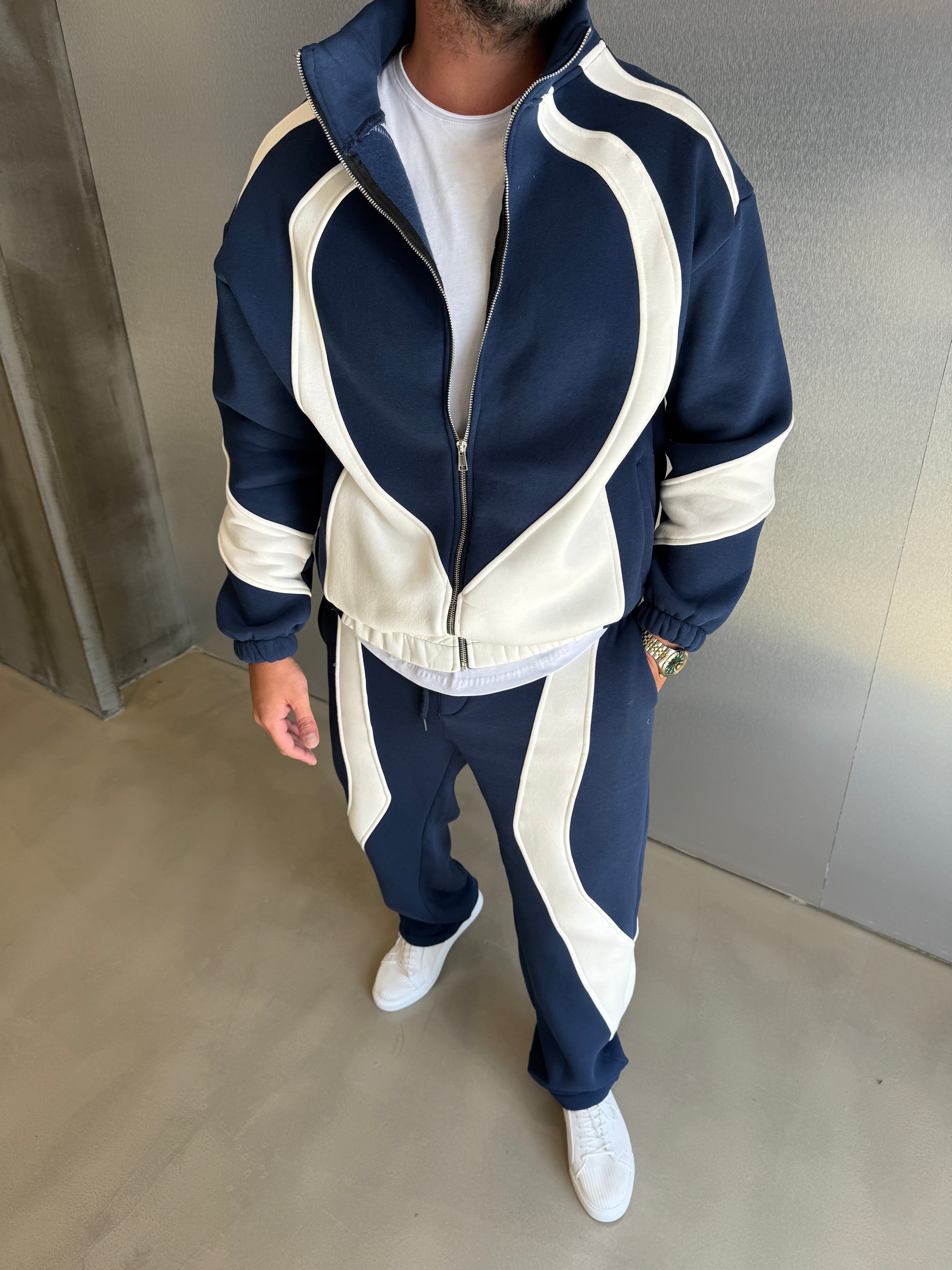 Mavi Asimetrik Detaylı 3 İplik Şardonlu Takım